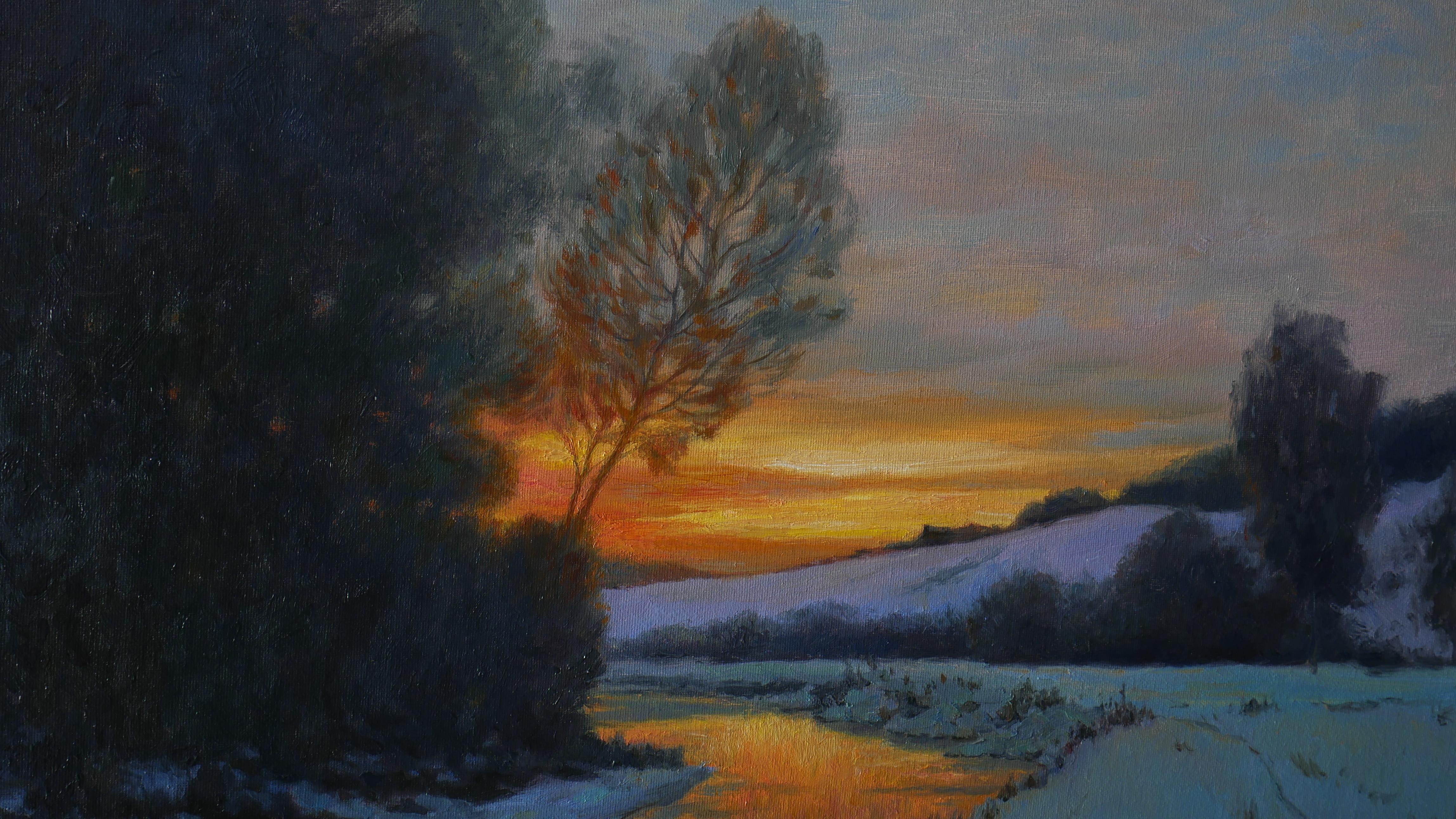 Fugace - peinture de paysage du soir d'hiver en vente 1