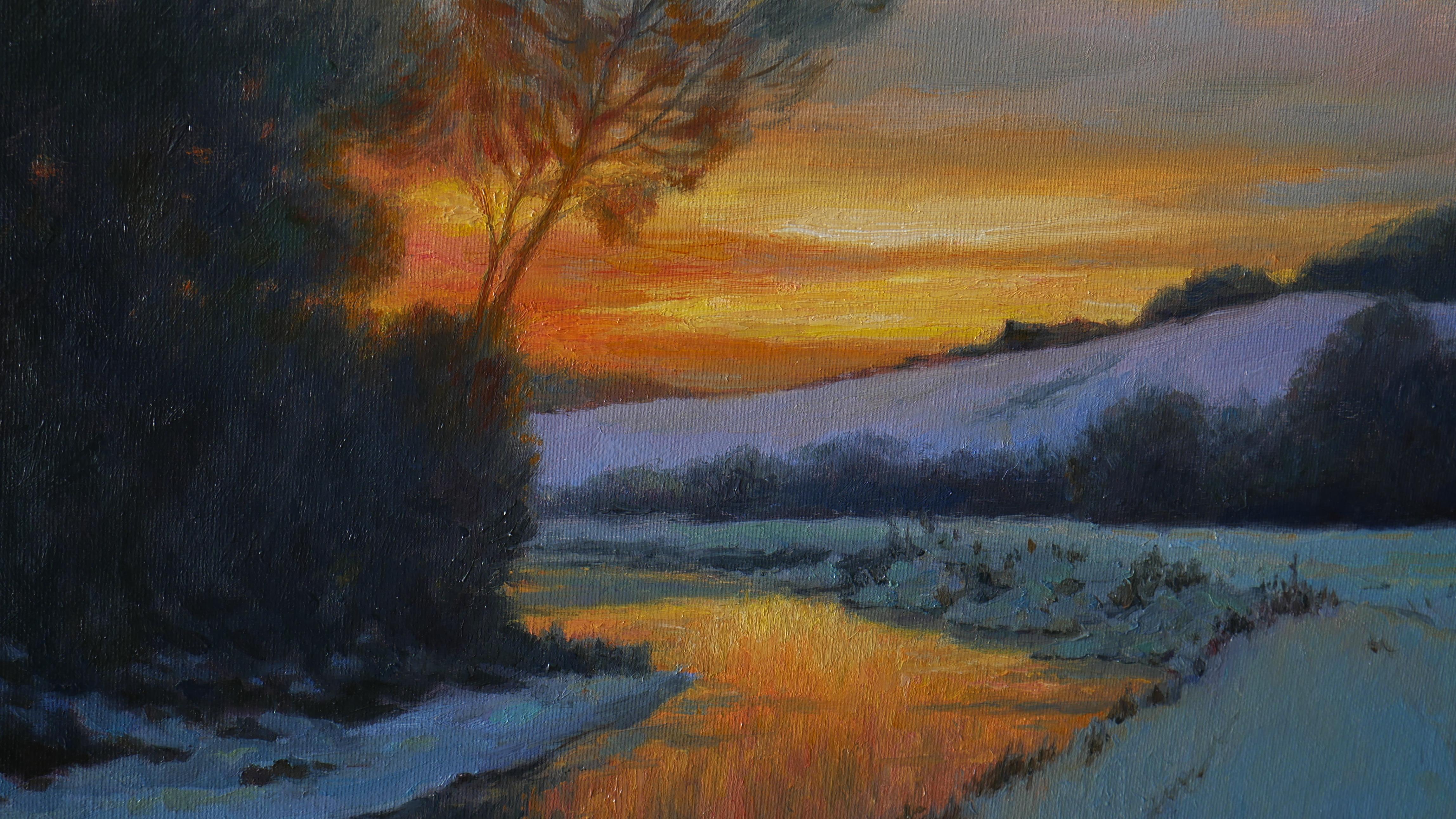 Fugace - peinture de paysage du soir d'hiver en vente 2