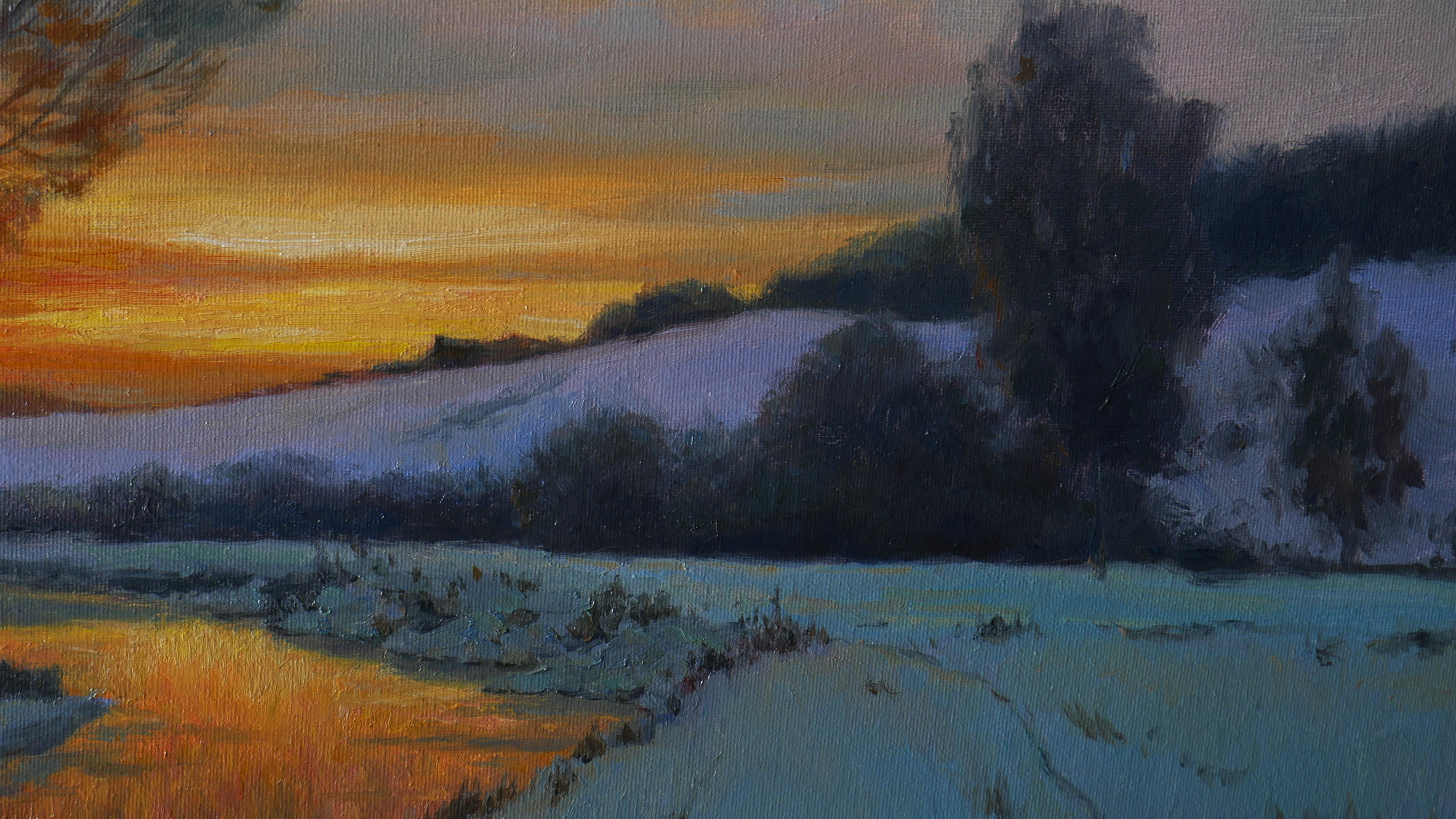 Fugace - peinture de paysage du soir d'hiver en vente 3