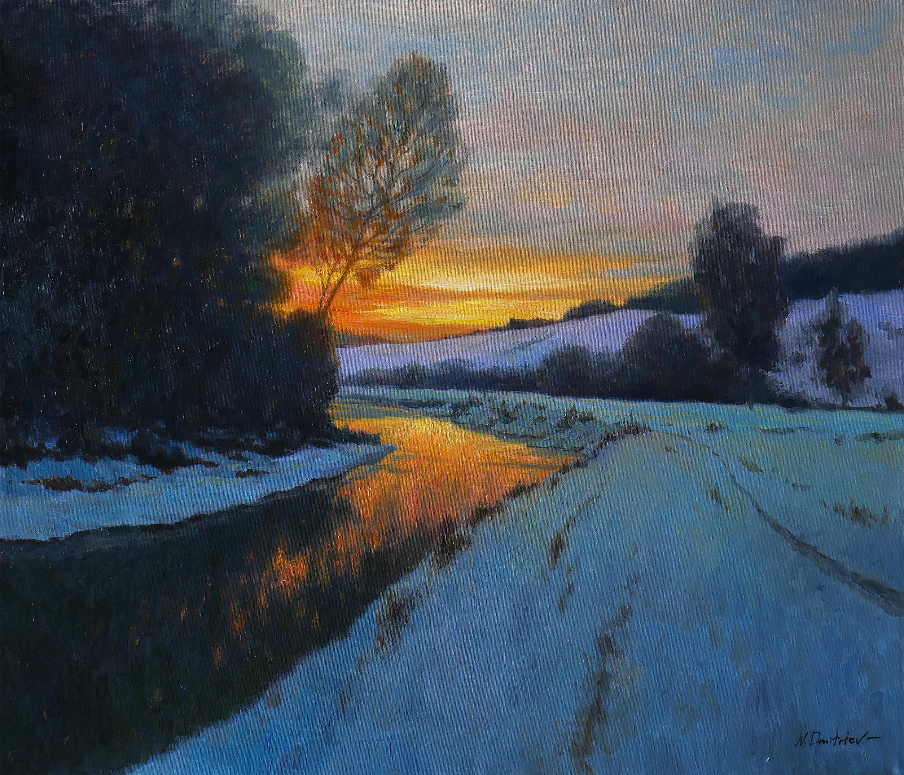 Nikolay Dmitriev Interior Painting - Fleeting - winter evening landscape painting