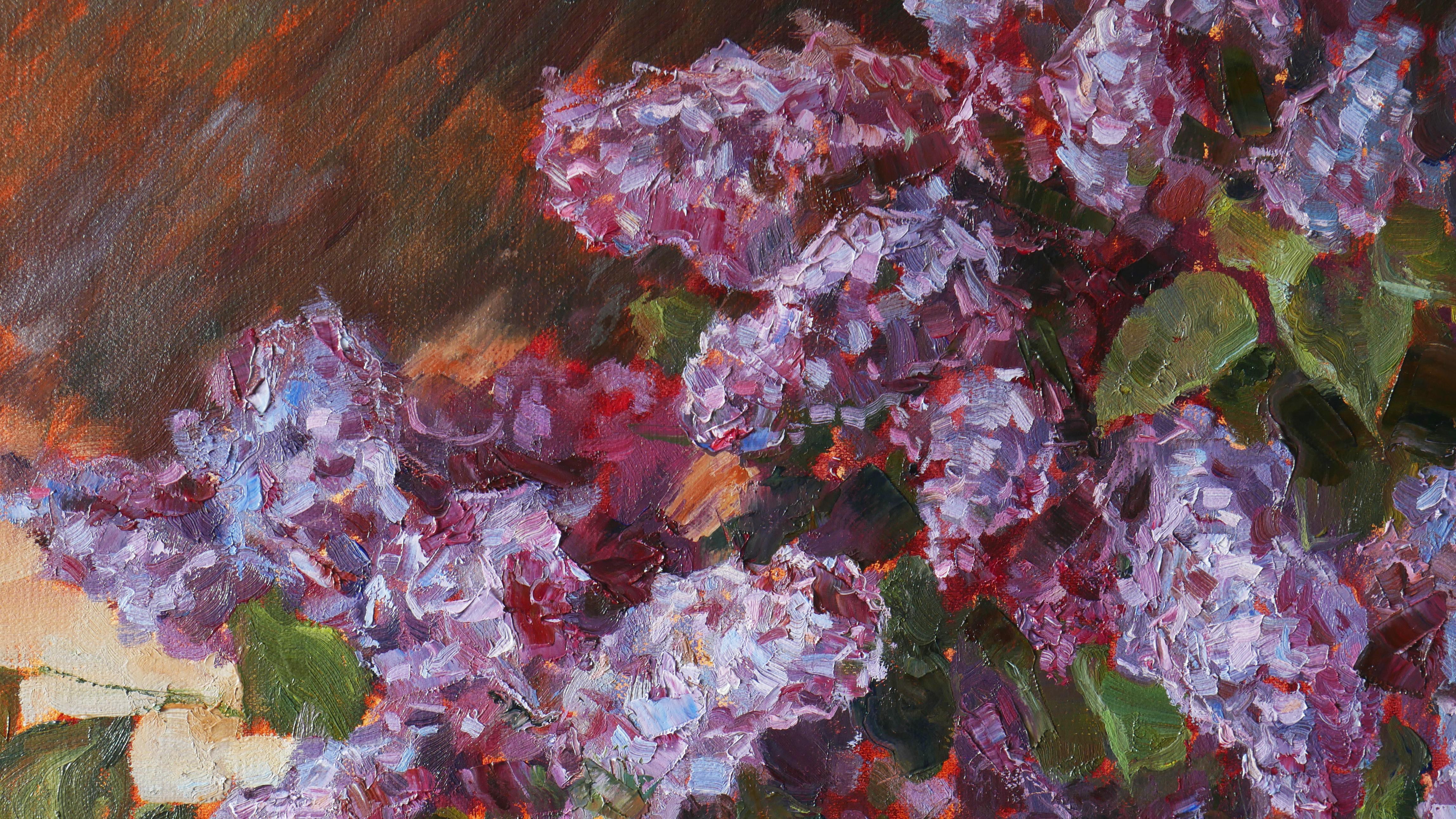 Un tableau contemporain unique avec des lilas est une belle décoration murale. Le tableau a été peint d'après nature. L'image est très confortable, cadeau parfait, s'intègre parfaitement à l'intérieur et vous ravira, vous et vos proches, et vous