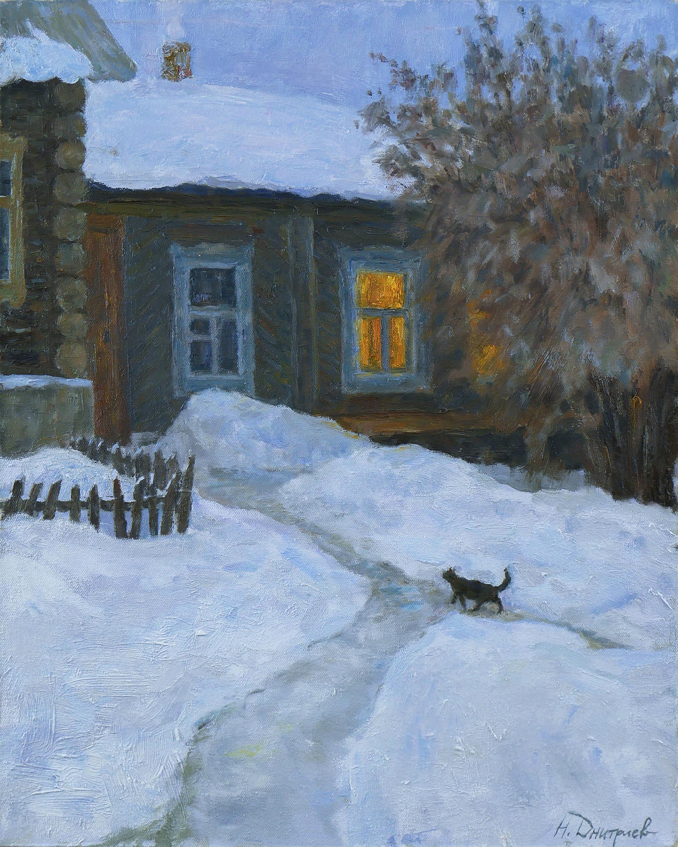 Landscape Painting de Nikolay Dmitriev - Hacia la luz - pintura de paisaje invernal