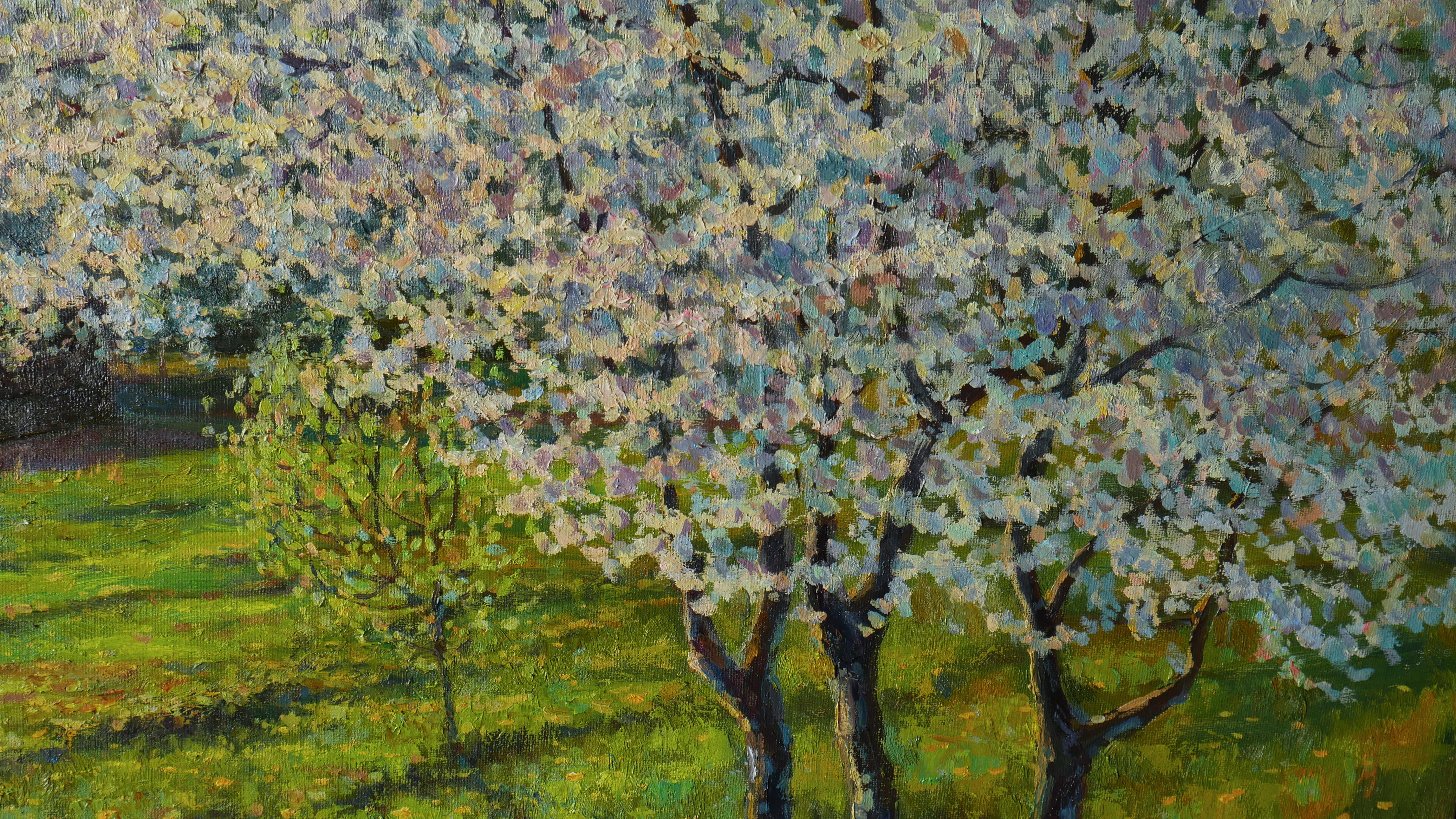 In The Blooming Garden - peinture de paysage ensoleillé au printemps en vente 6