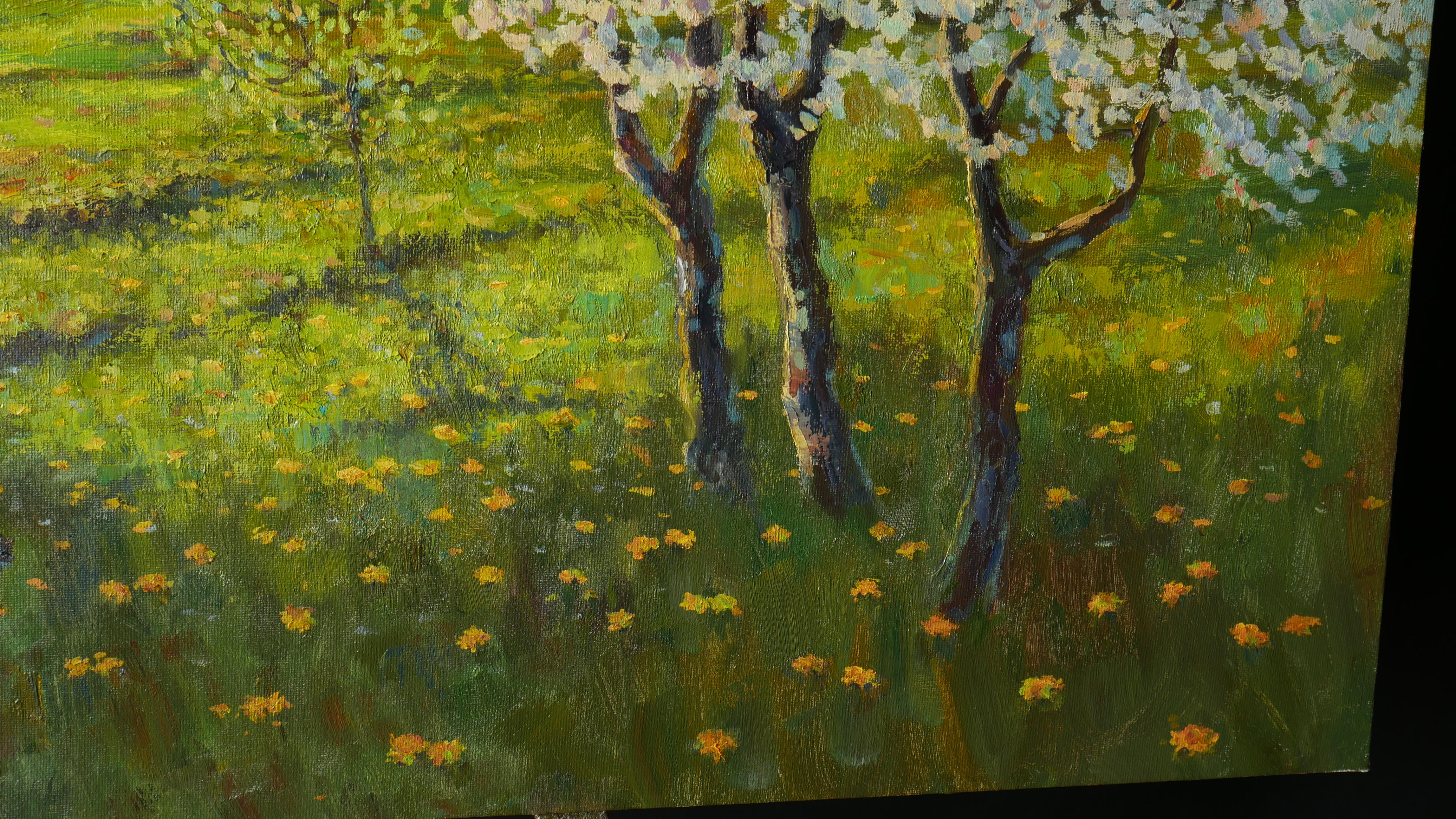 In The Blooming Garden - peinture de paysage ensoleillé au printemps en vente 7