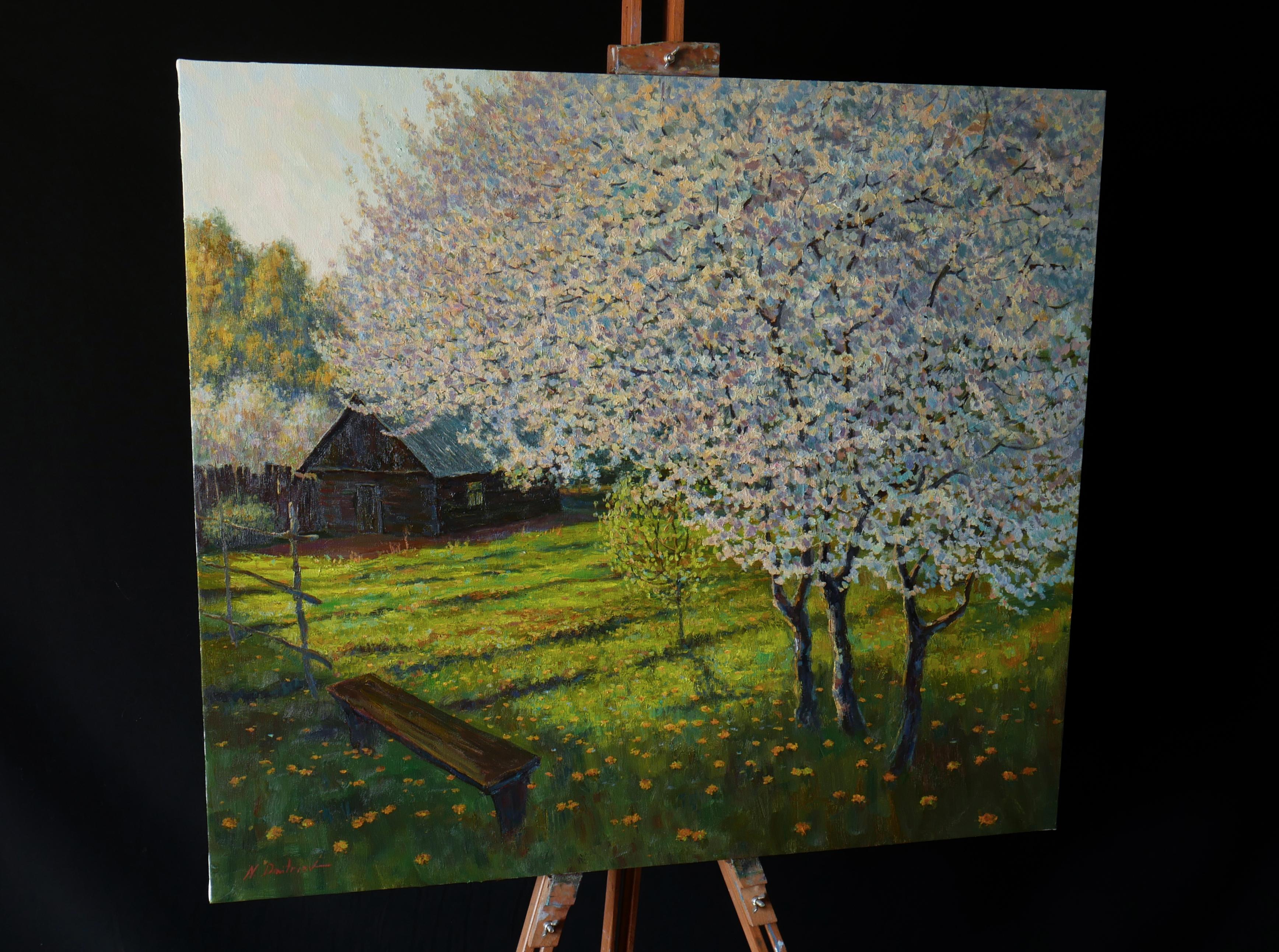 In The Blooming Garden - peinture de paysage ensoleillé au printemps en vente 1