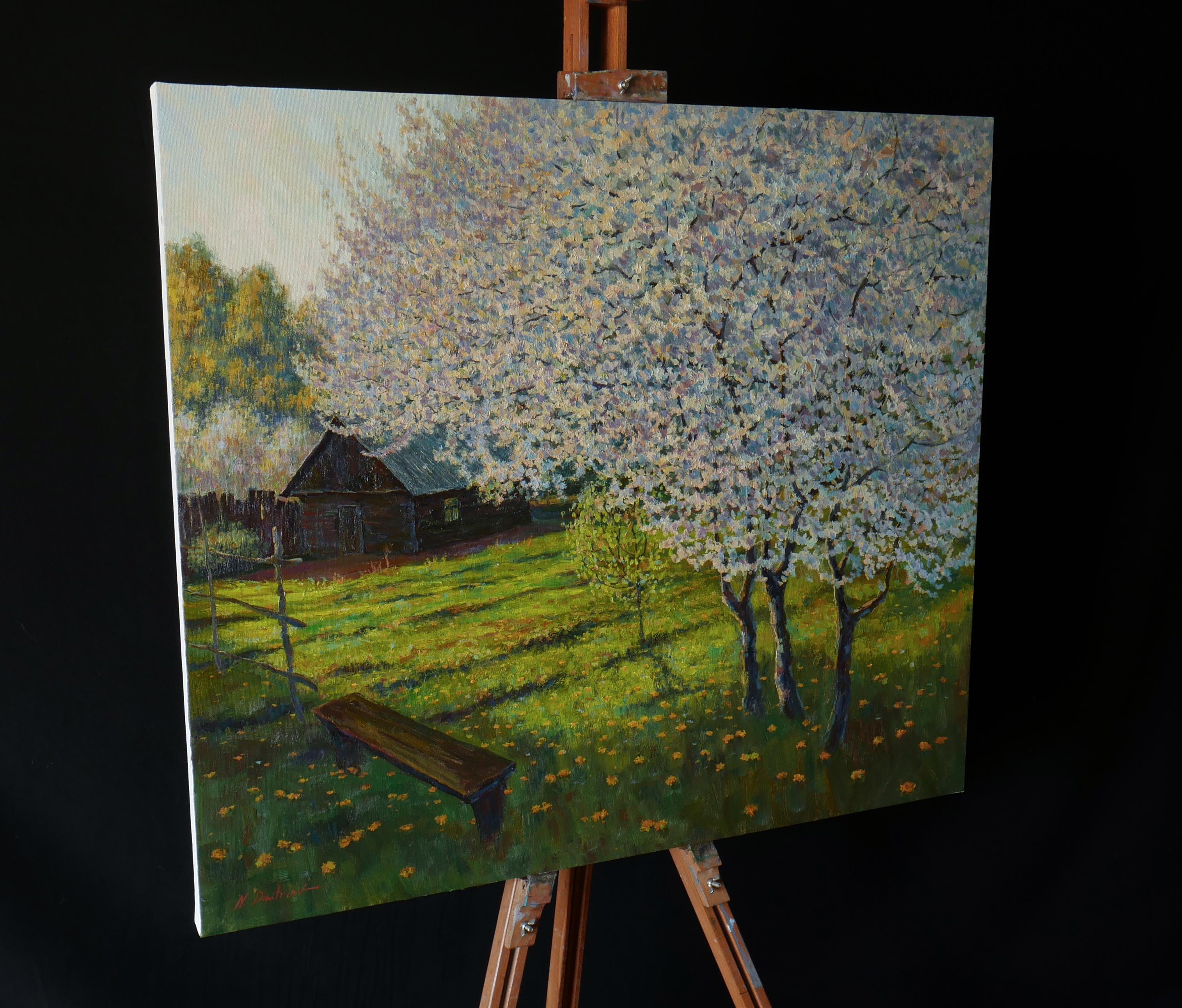 In The Blooming Garden - peinture de paysage ensoleillé au printemps en vente 2