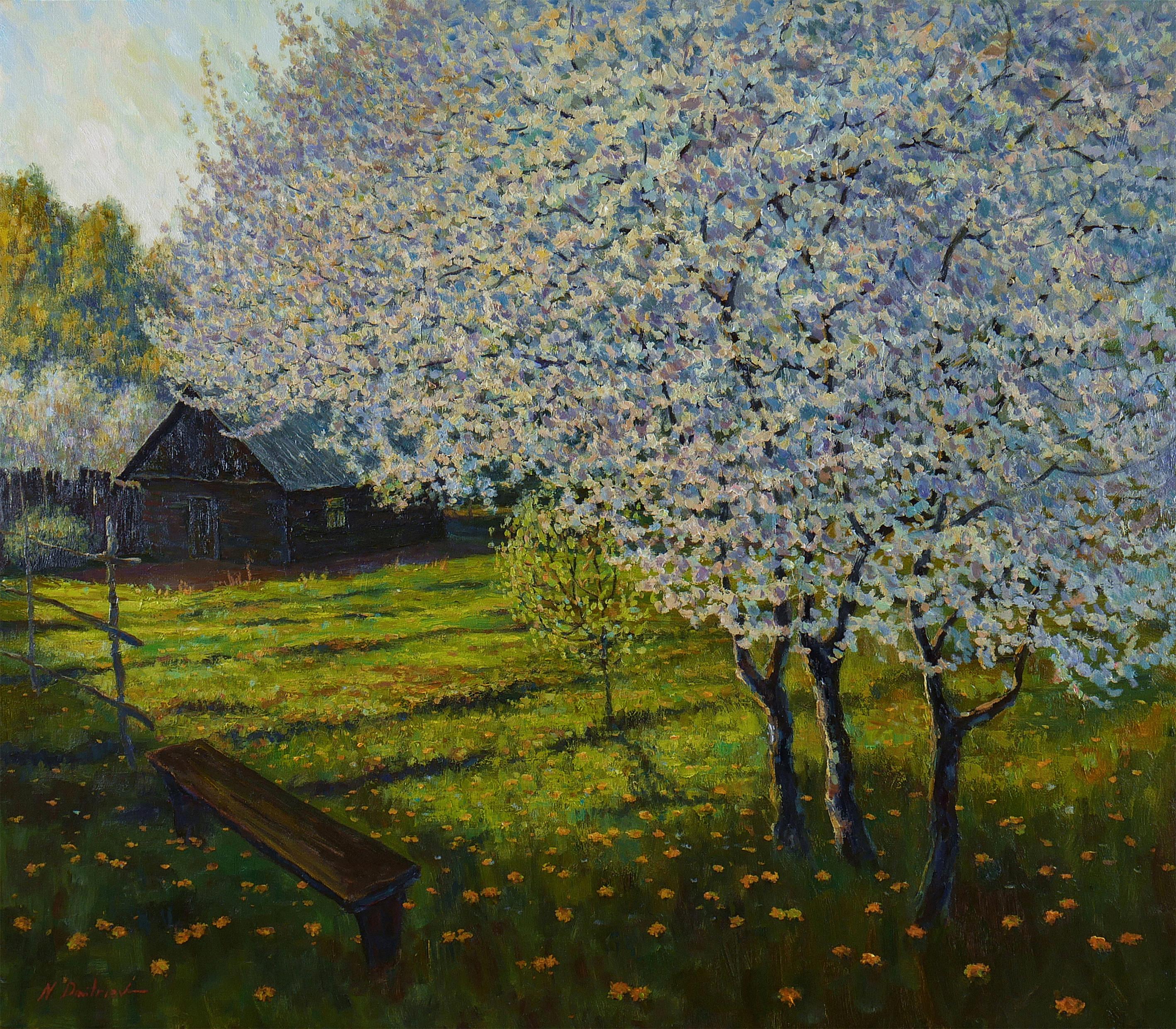 Landscape Painting Nikolay Dmitriev - In The Blooming Garden - peinture de paysage ensoleillé au printemps