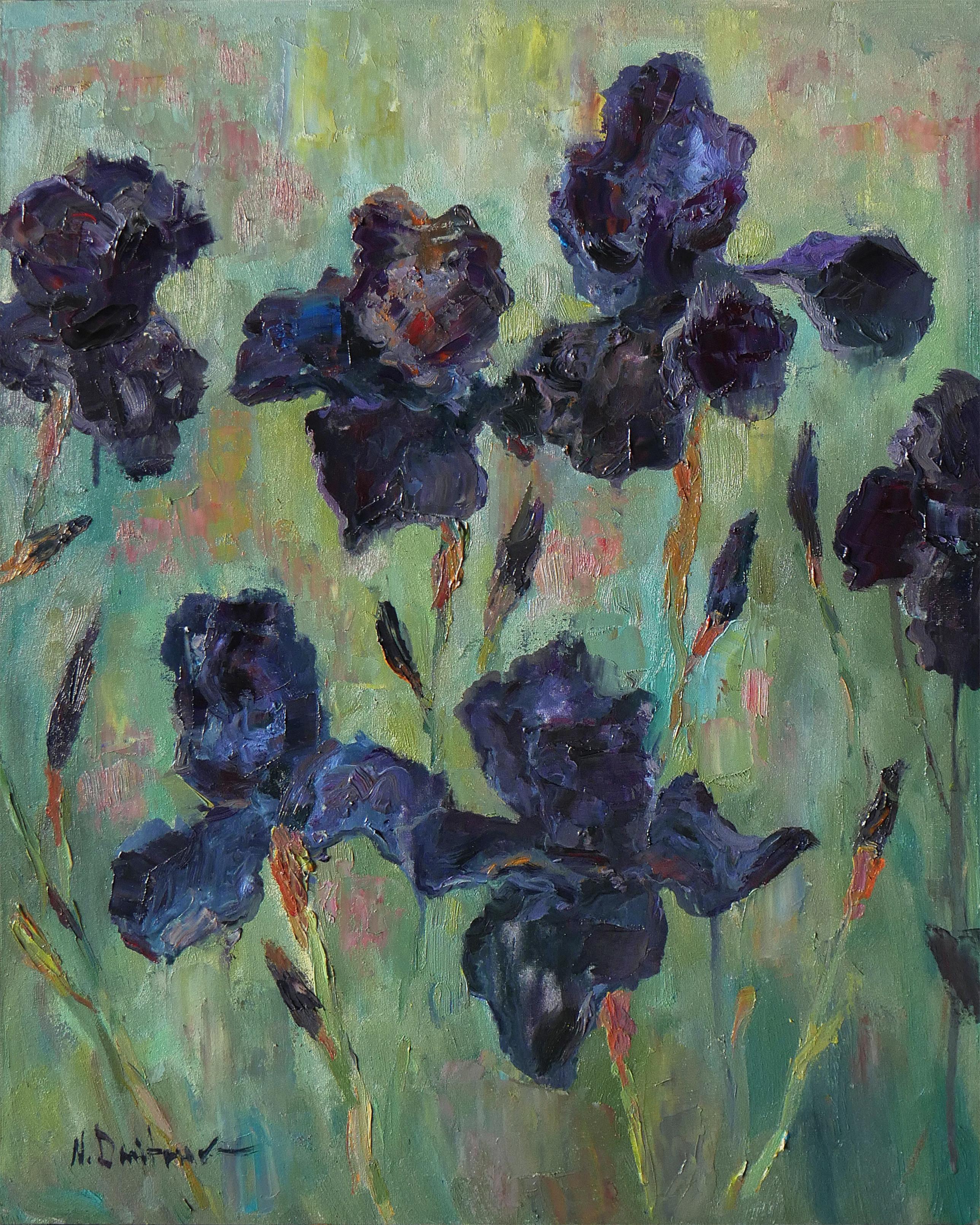 Nikolay Dmitriev Abstract Painting – Irisen-Schwarzer Drache – stilvolles Irisen-Gemälde
