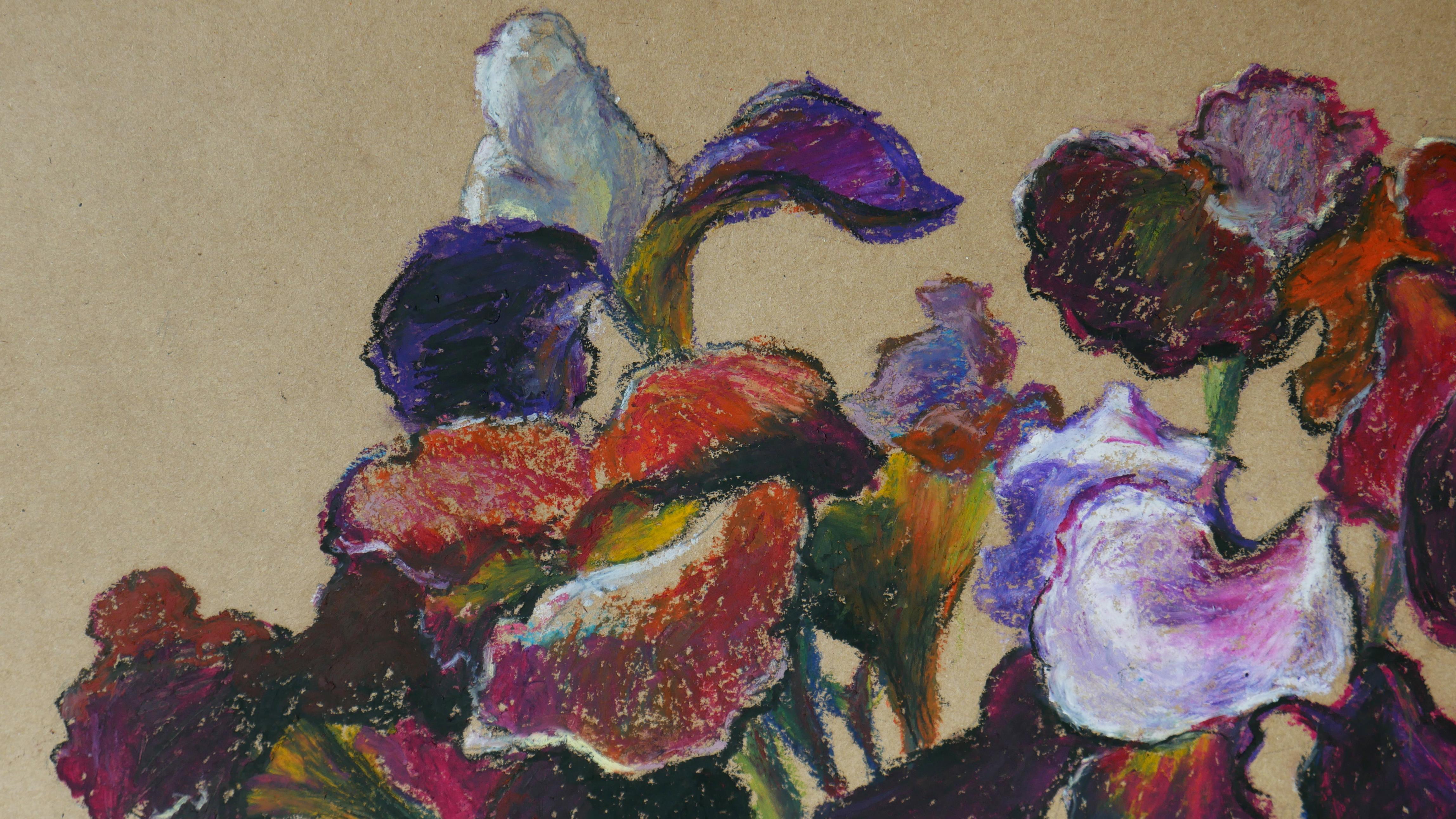 Irises - oil pastel drawing - Painting by Nikolay Dmitriev