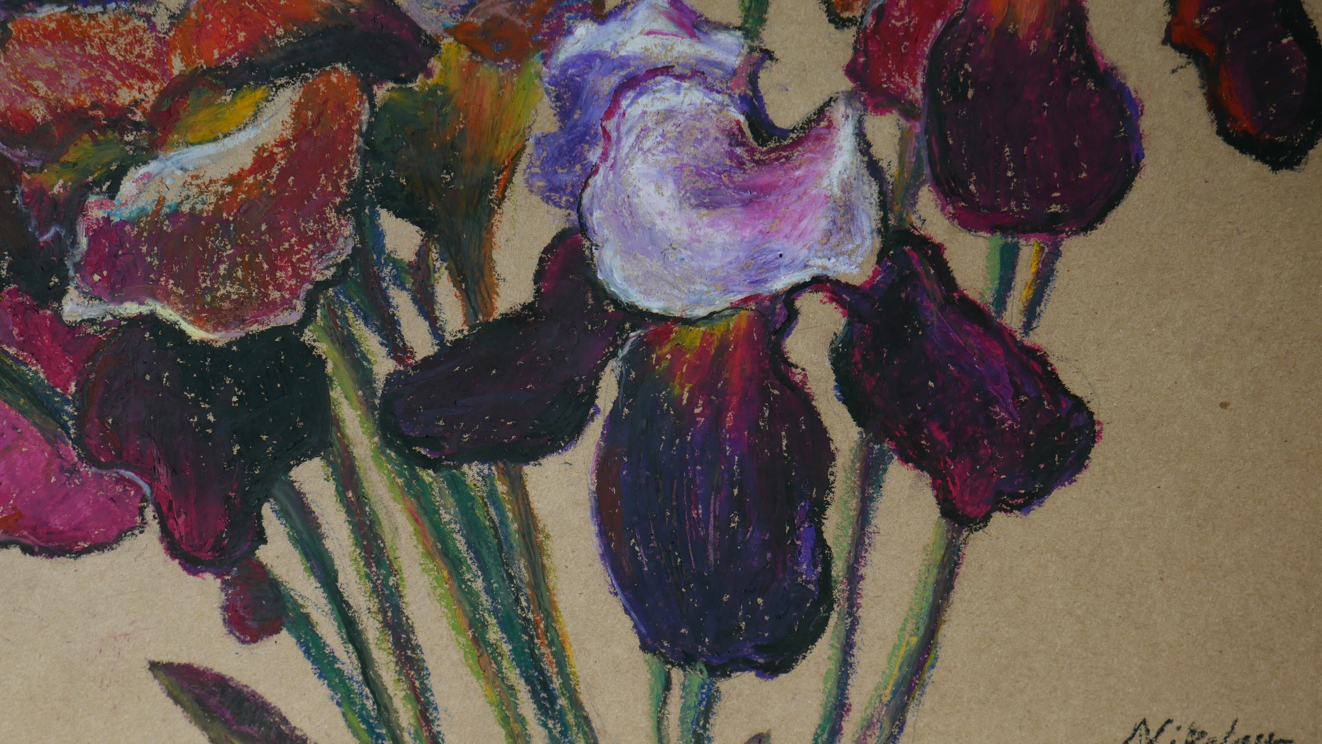 Irises - oil pastel drawing For Sale 1