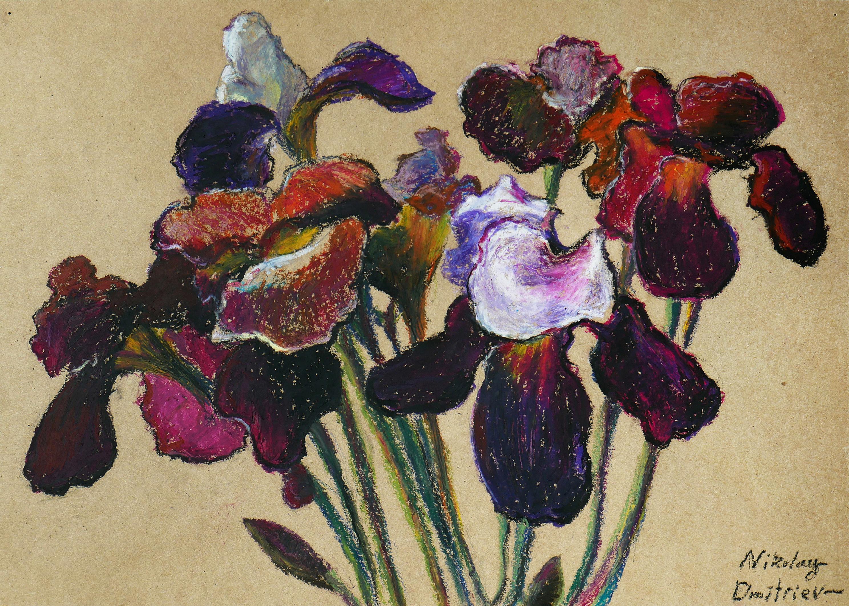 Nikolay Dmitriev Interior Painting - Irises - oil pastel drawing