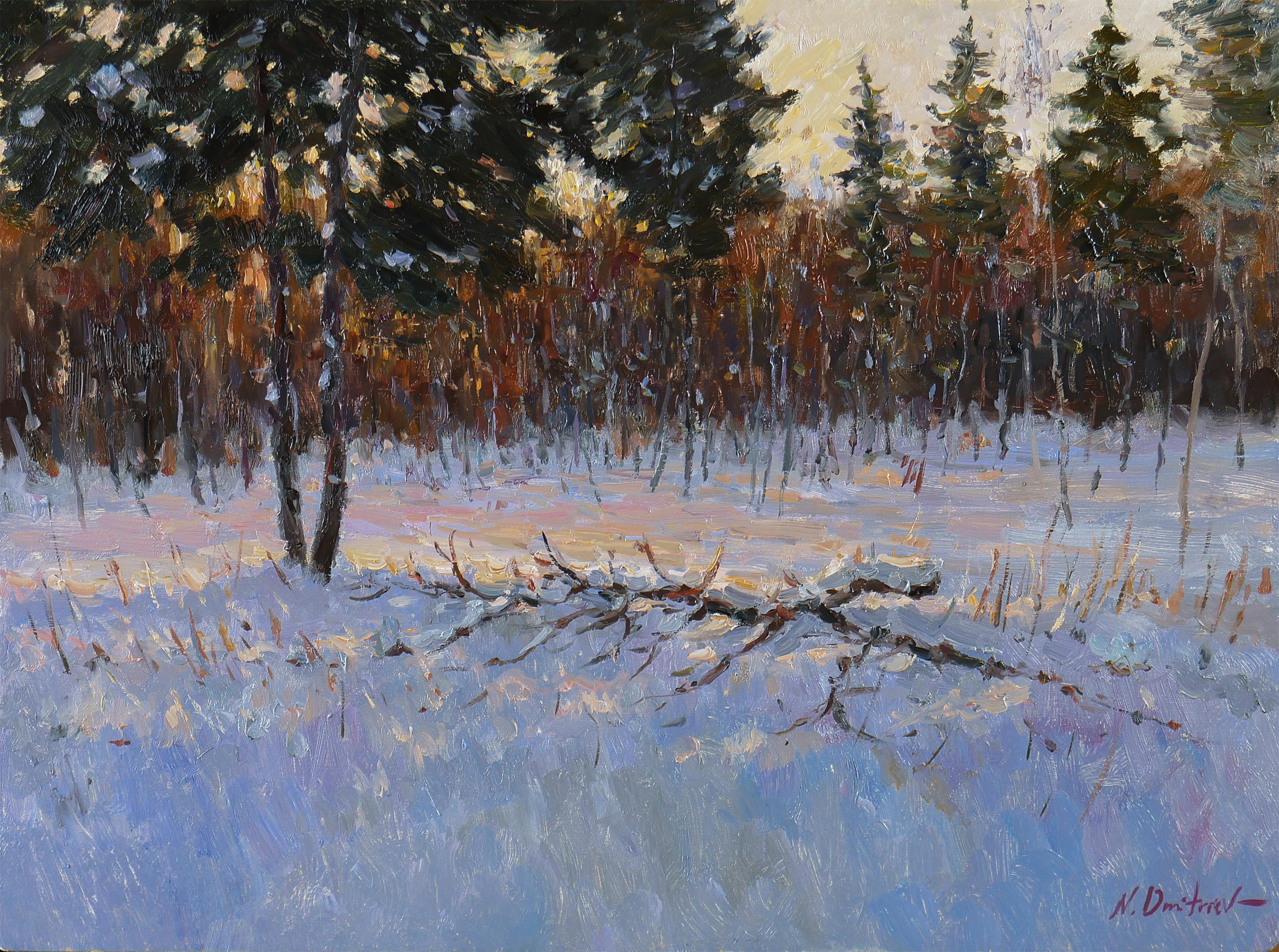Nikolay Dmitriev Interior Painting - January Evening - winter landscape painting
