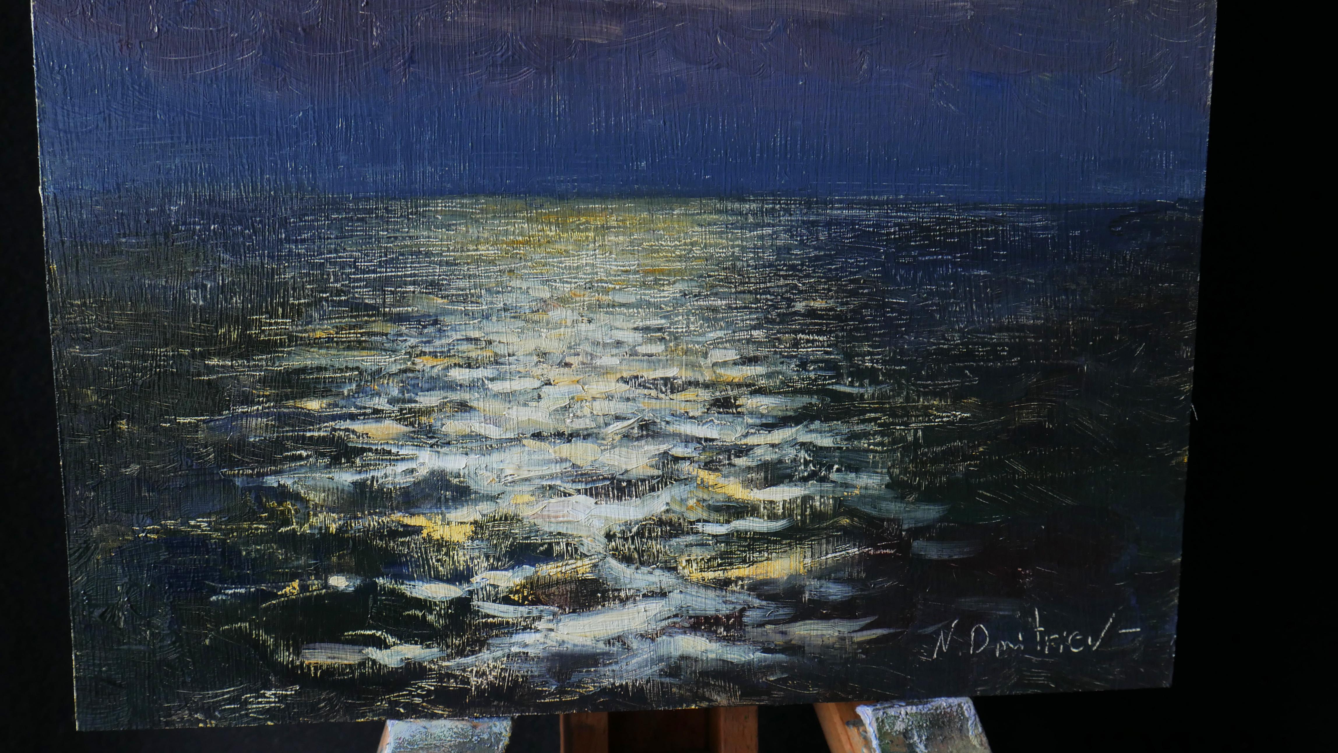 The night painting with the bright moon, the cloudy sky and a calm sea is a beautiful wall decor, the painting is full of different colours, combinations of warm and cold shades are professionally captured by the artist. Nikolay used his own