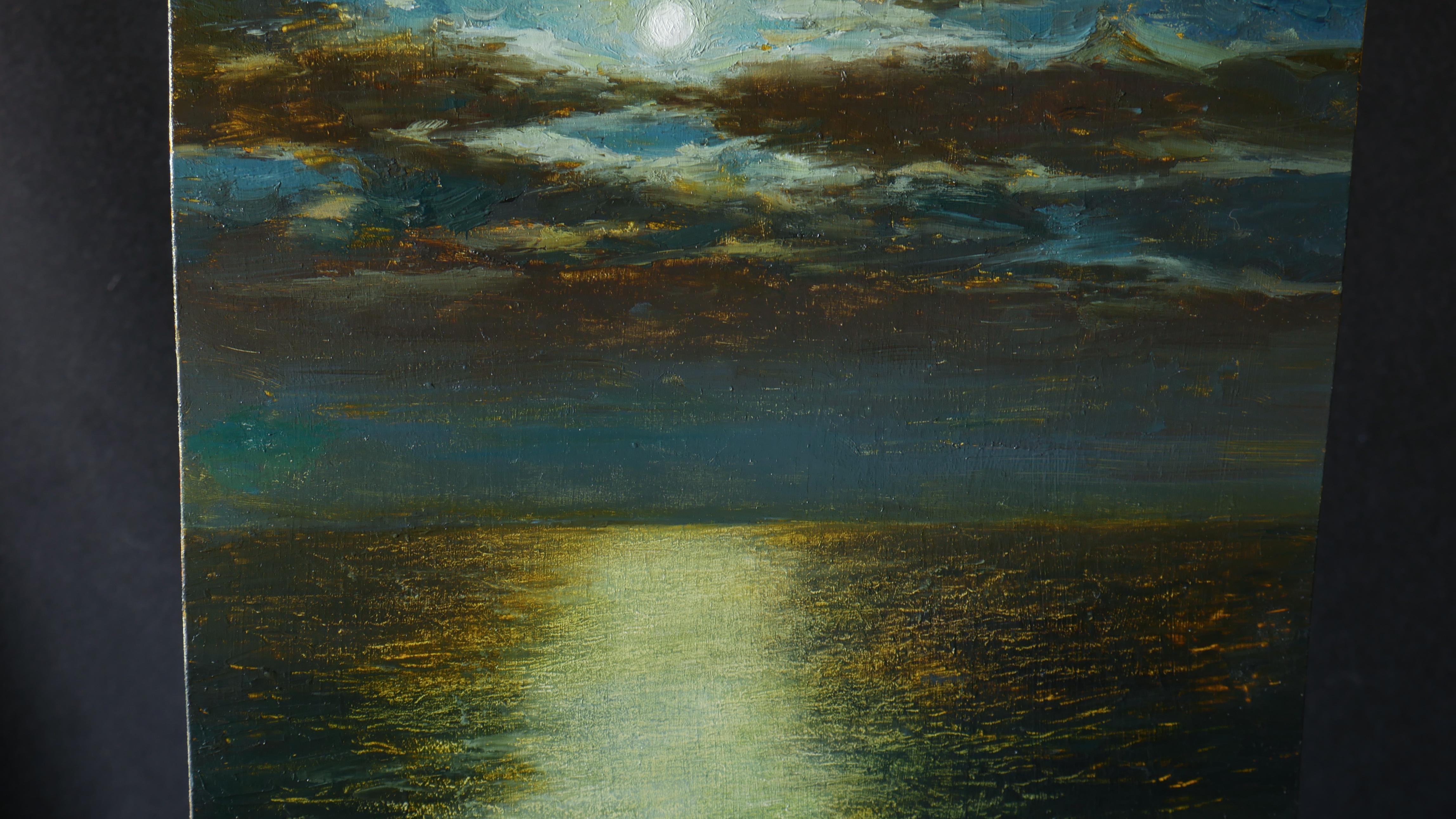 The night painting with the bright moon, the cloudy sky and a calm sea is a beautiful wall decor, the painting is full of different colours, combinations of warm and cold shades are professionally captured by the artist. Nikolay used his own