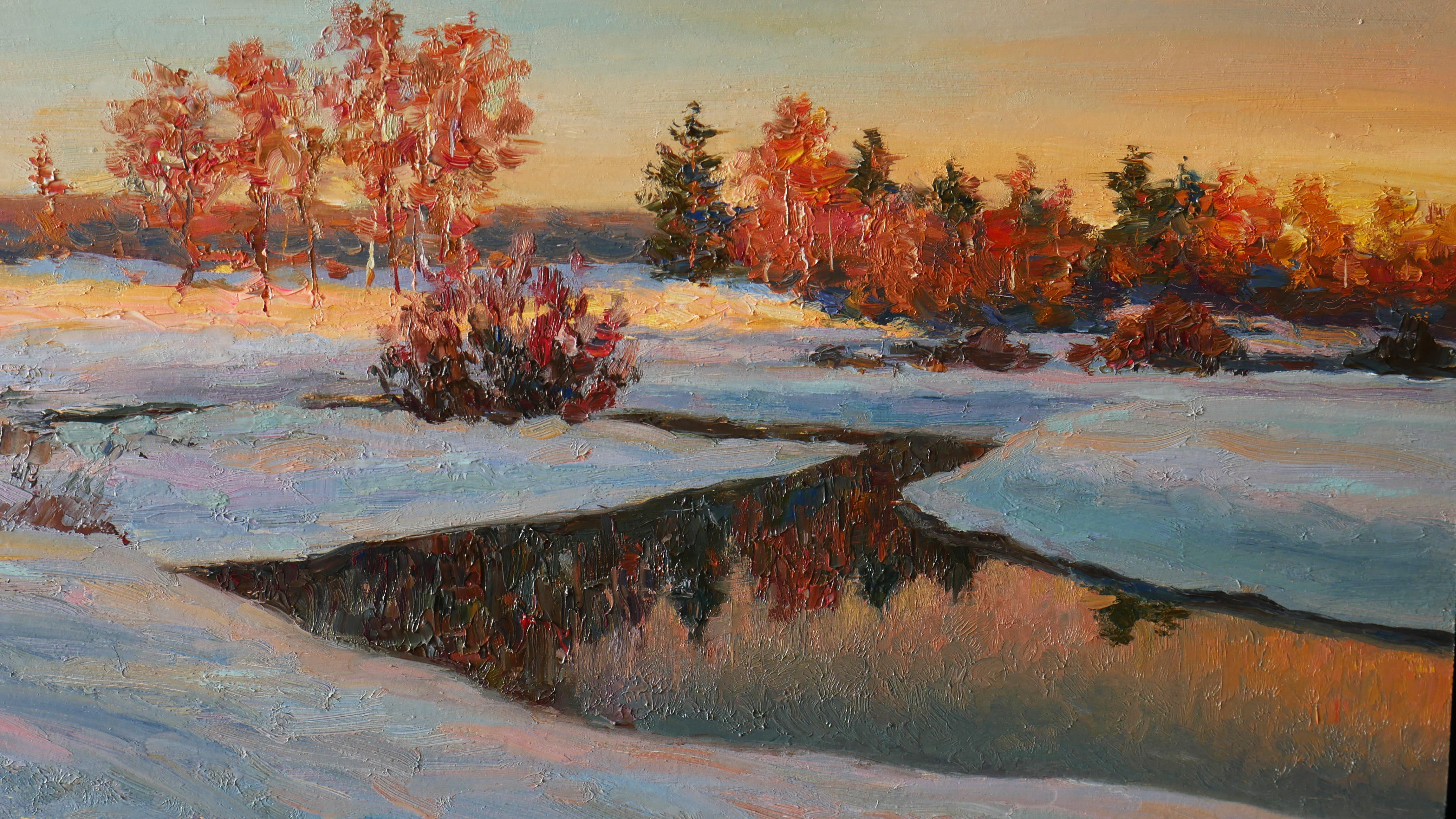 La luce del giorno che svanisce - Landscape Painting Grigio di Nikolay Dmitriev