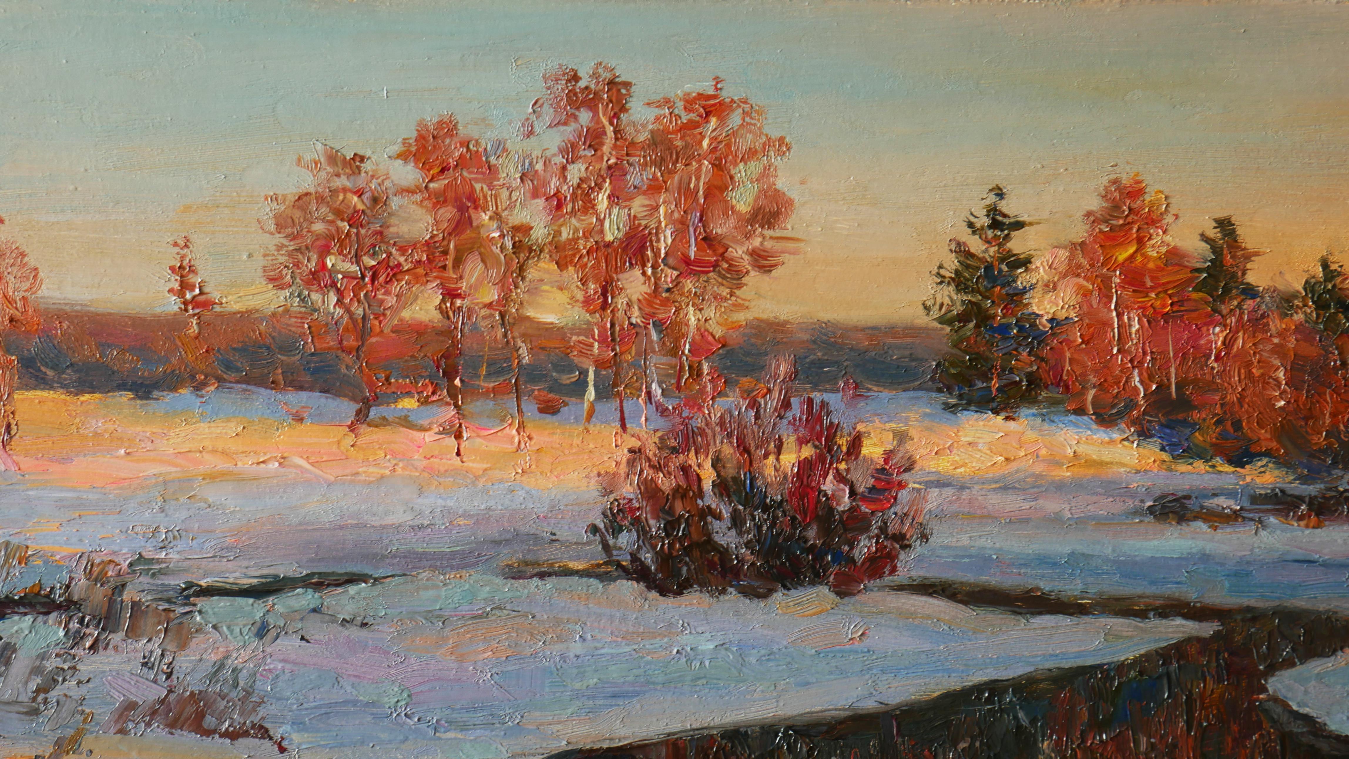 Il fiume scorre dolcemente, le sue acque scure brillano di sfumature calde e fredde mentre il sole invernale si abbassa. L'ultima luce dipinge le rive innevate con tonalità calde, mentre gli alberi spogli si stagliano come delicate silhouette contro