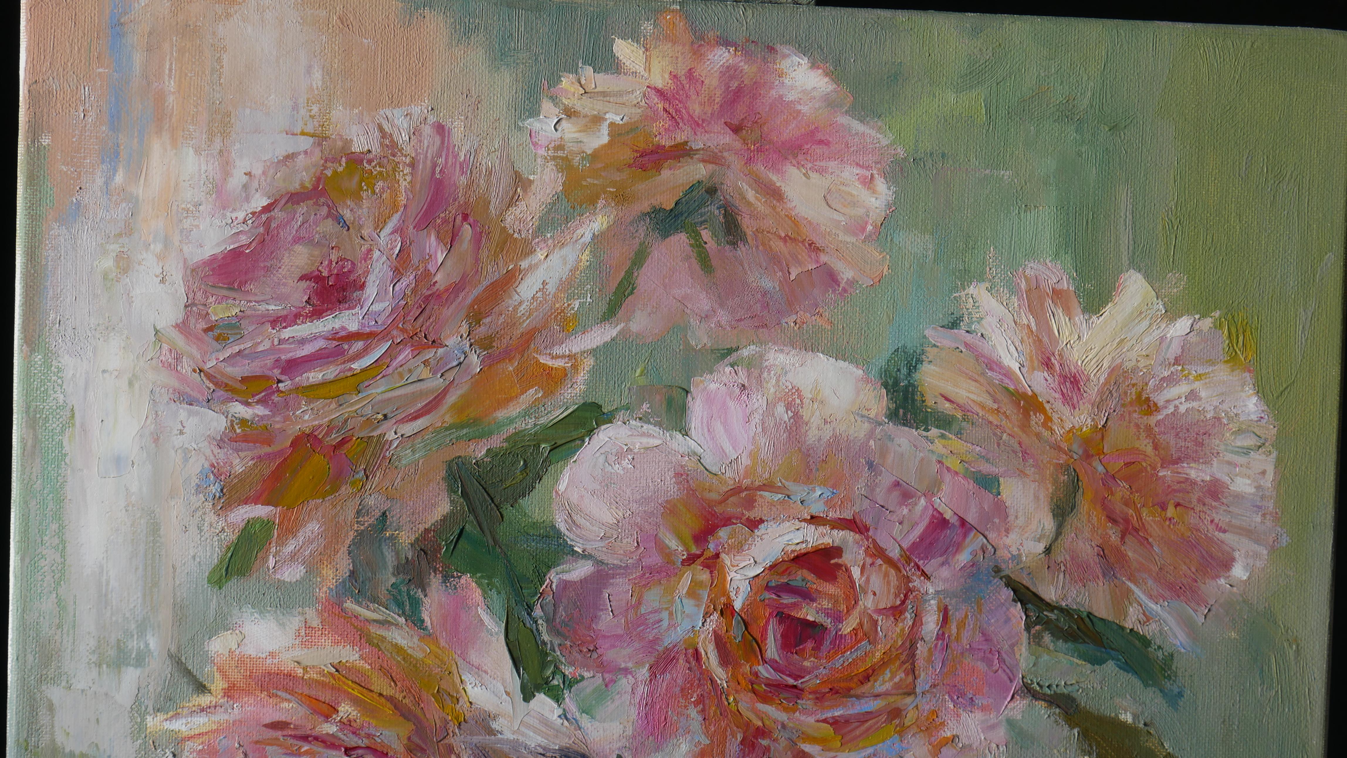 Light Peonies - impressionist sunny still life painting - Impressionist Painting by Nikolay Dmitriev