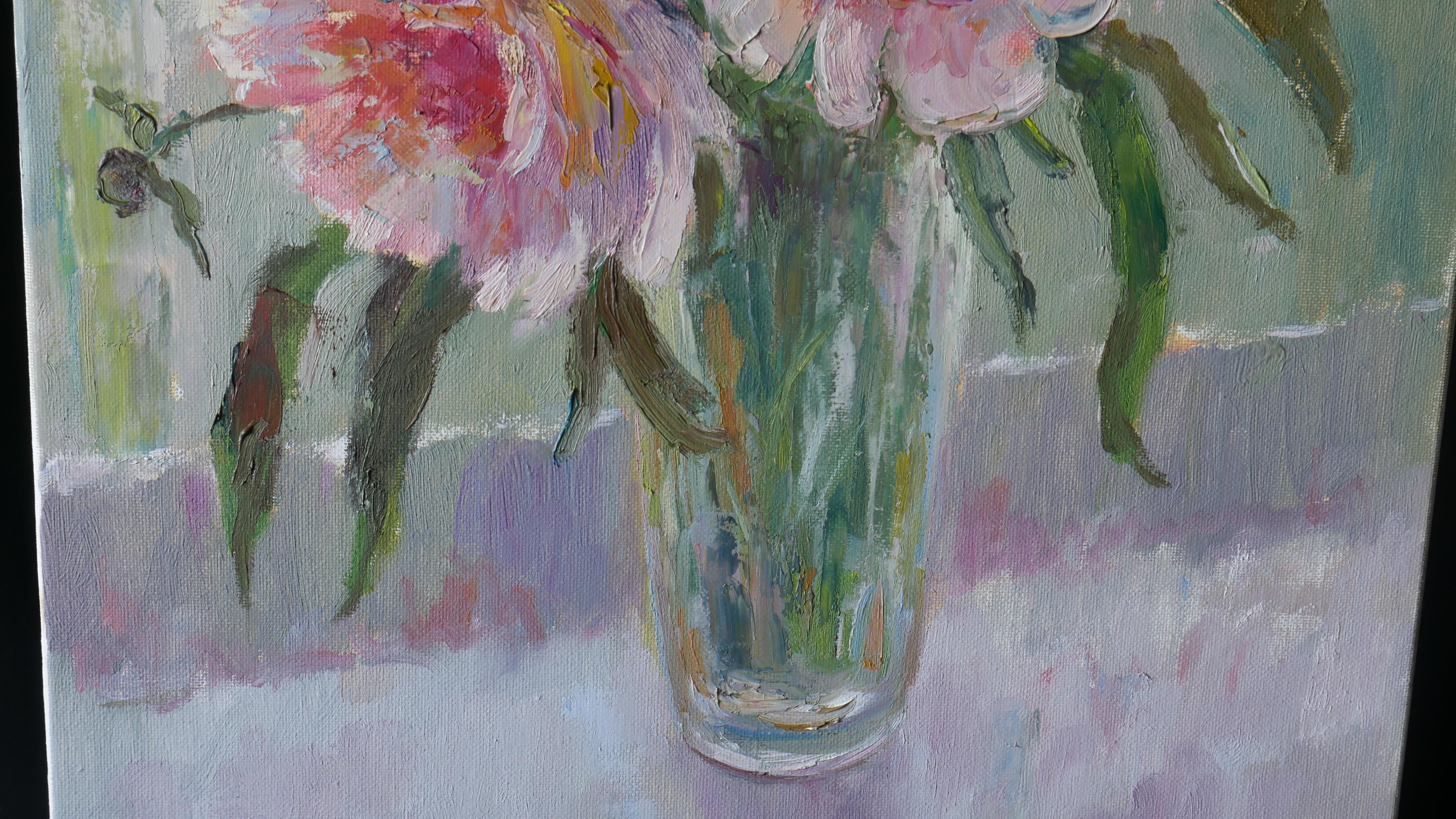 Light Peonies - impressionist sunny still life painting For Sale 2