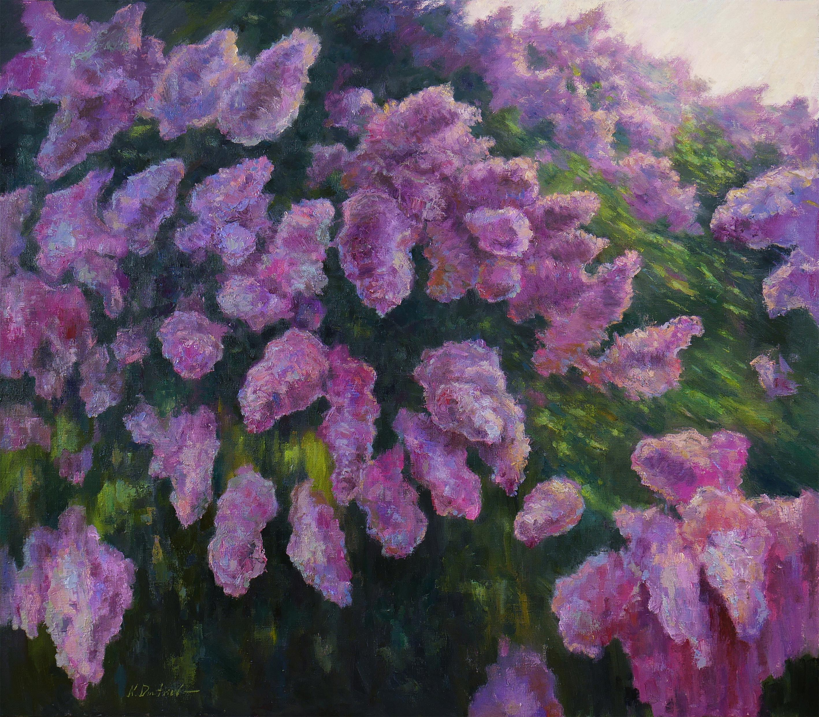 Nikolay Dmitriev Landscape Painting – Flieder verblassen ins Licht – sonniges Blumengemälde