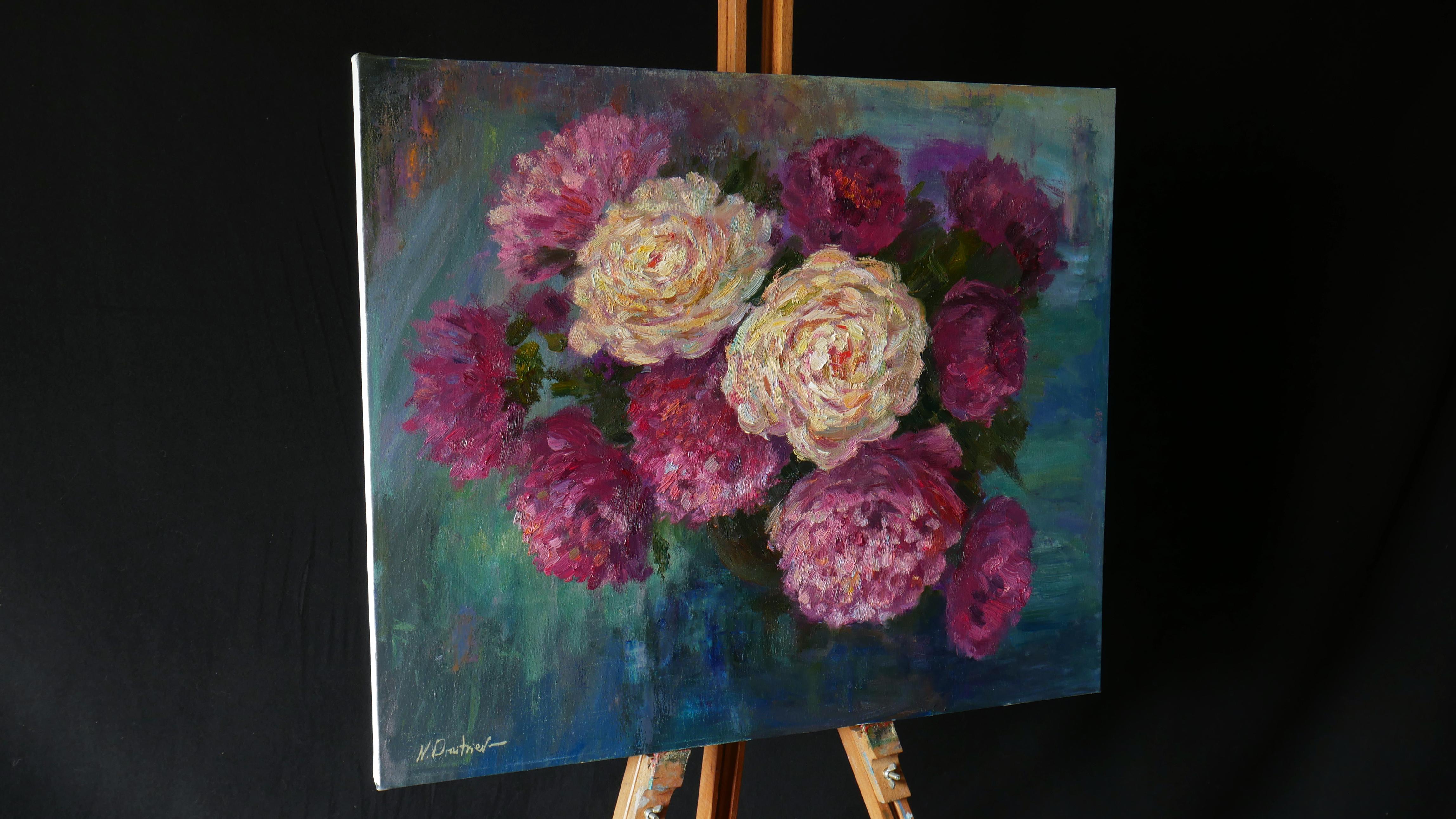 Beautiful impressionistic bouquet of peonies is a wonderful wall decor, the painting is created in pleasant purple colours with blue background. The artwork is painted in the artist's garden en plein air.

The painting is 100% hand painted using