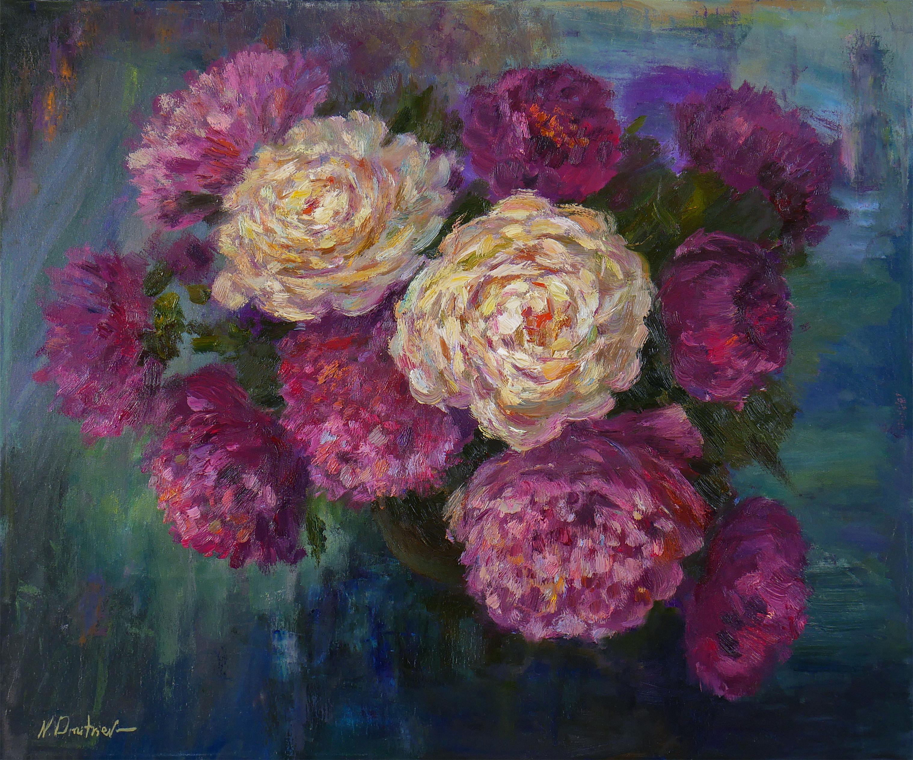 Still-Life Painting Nikolay Dmitriev - Bouquet de pivoines luxuriants - peinture à l'huile de pivoines