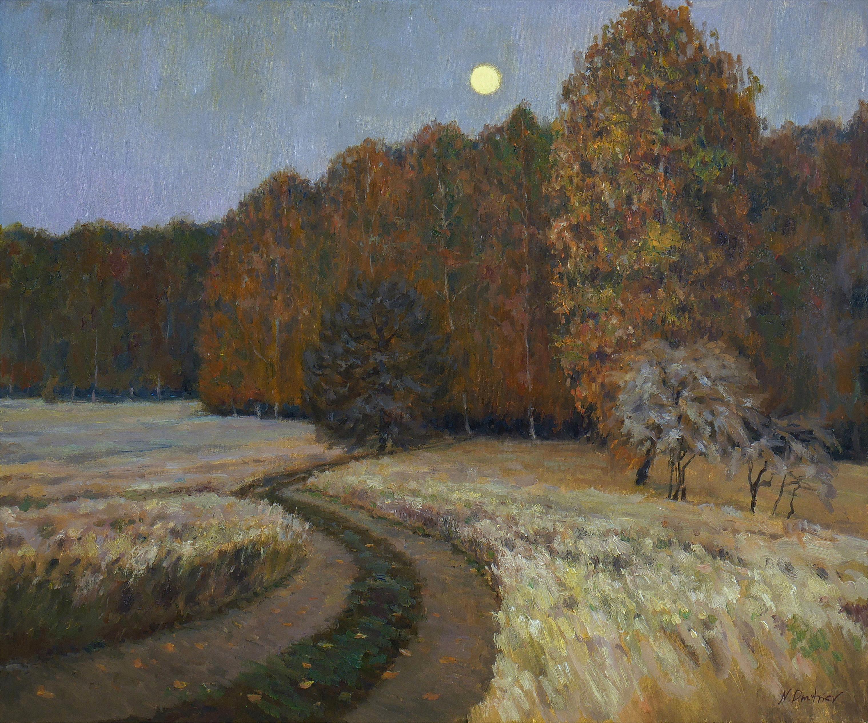 Nikolay Dmitriev Interior Painting - Moon Rise - autumn landscape painting