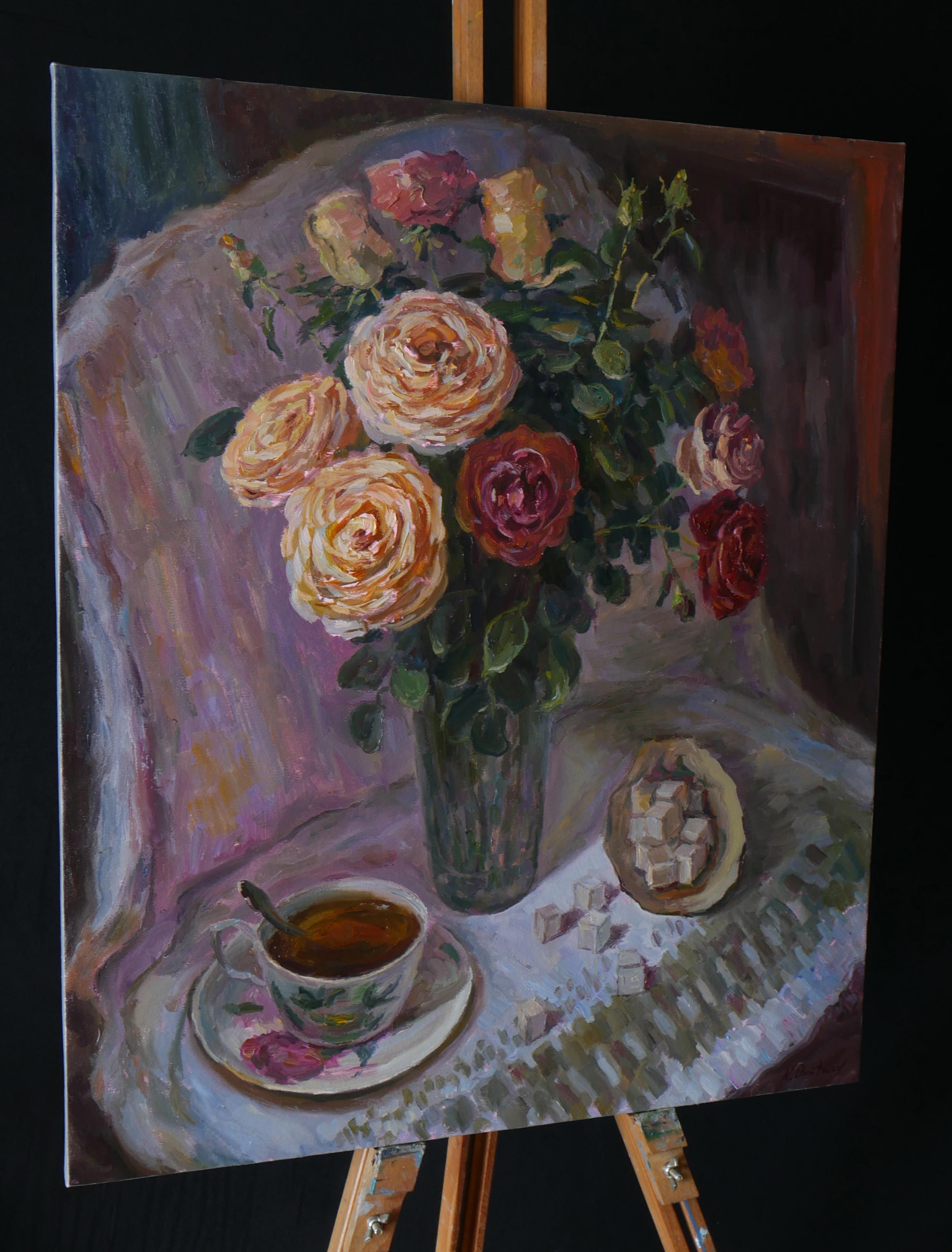 Morgen-Blumenstrauß mit Rosen – Blumenstillleben – Painting von Nikolay Dmitriev