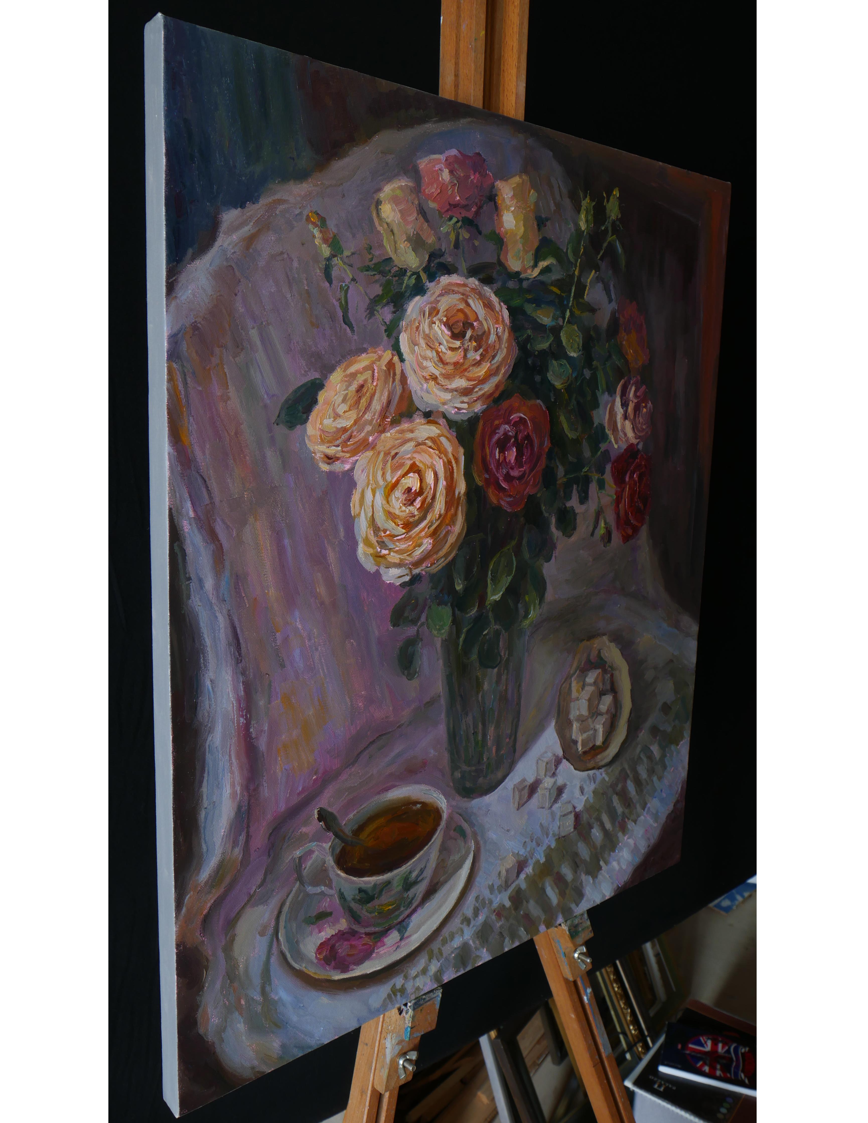Morgen-Blumenstrauß mit Rosen – Blumenstillleben (Impressionismus), Painting, von Nikolay Dmitriev