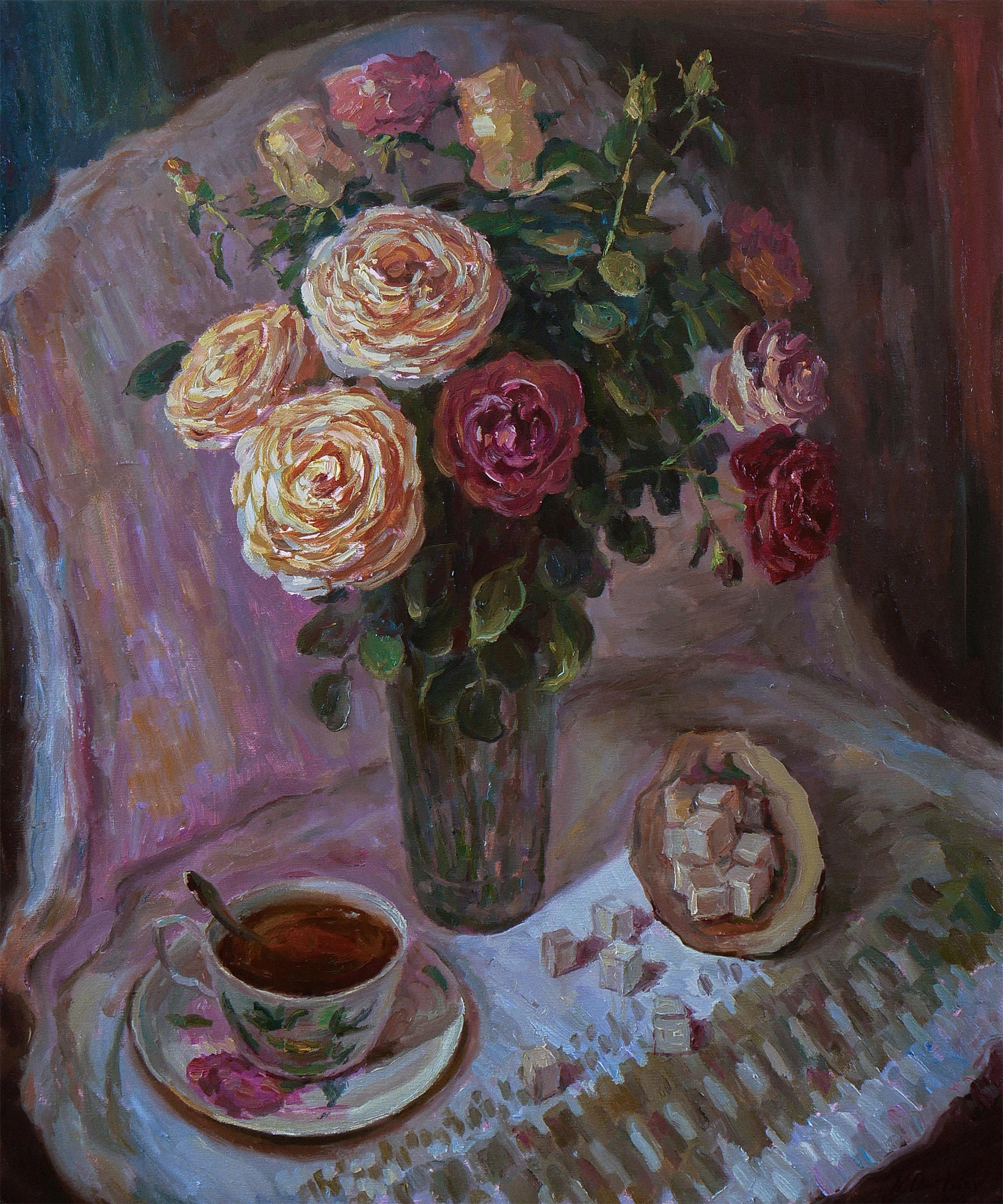 Nikolay Dmitriev Interior Painting – Morgen-Blumenstrauß mit Rosen – Blumenstillleben