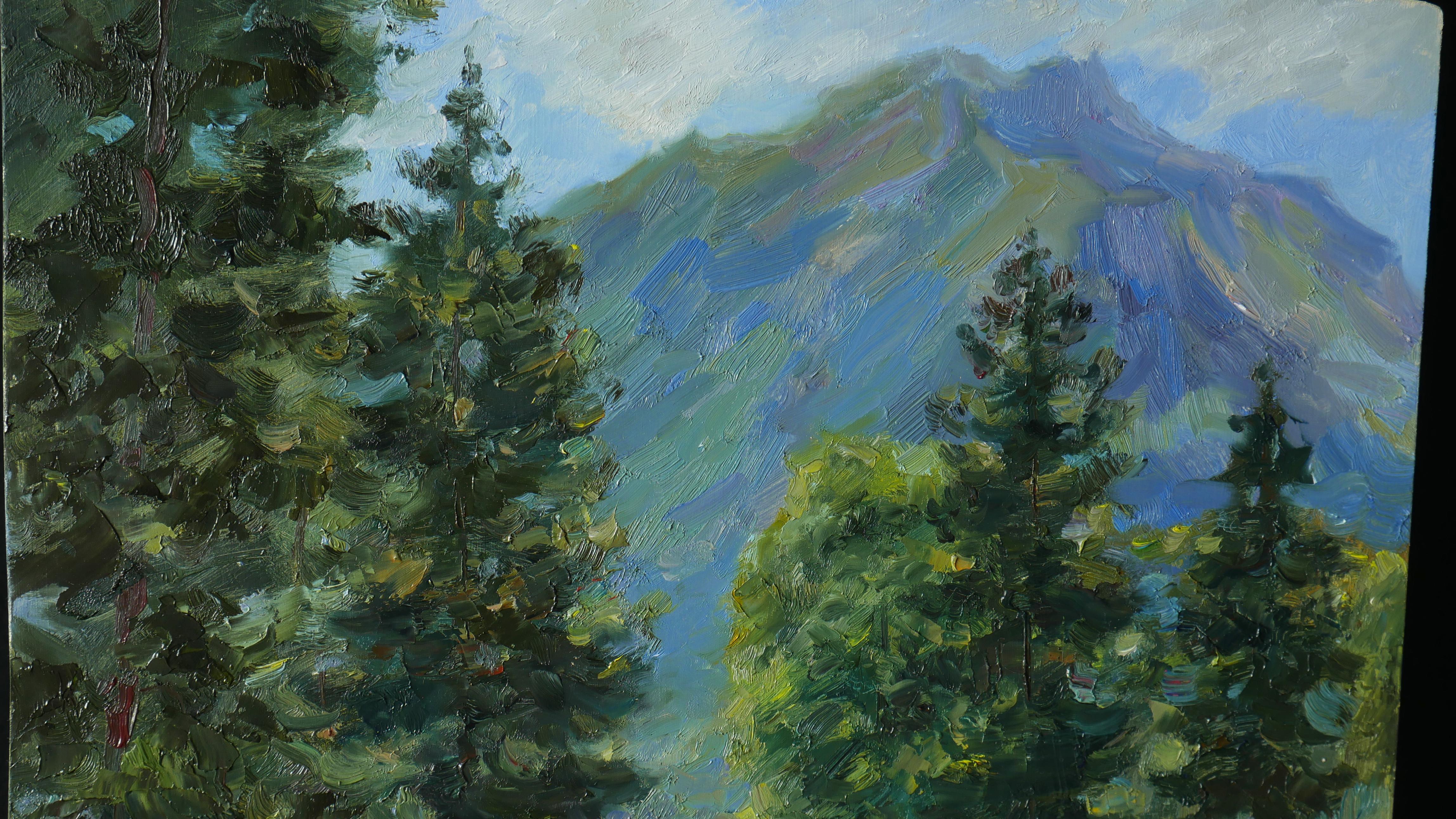 Mañana en la montaña - pintura de paisaje de montaña - Painting Impresionista de Nikolay Dmitriev