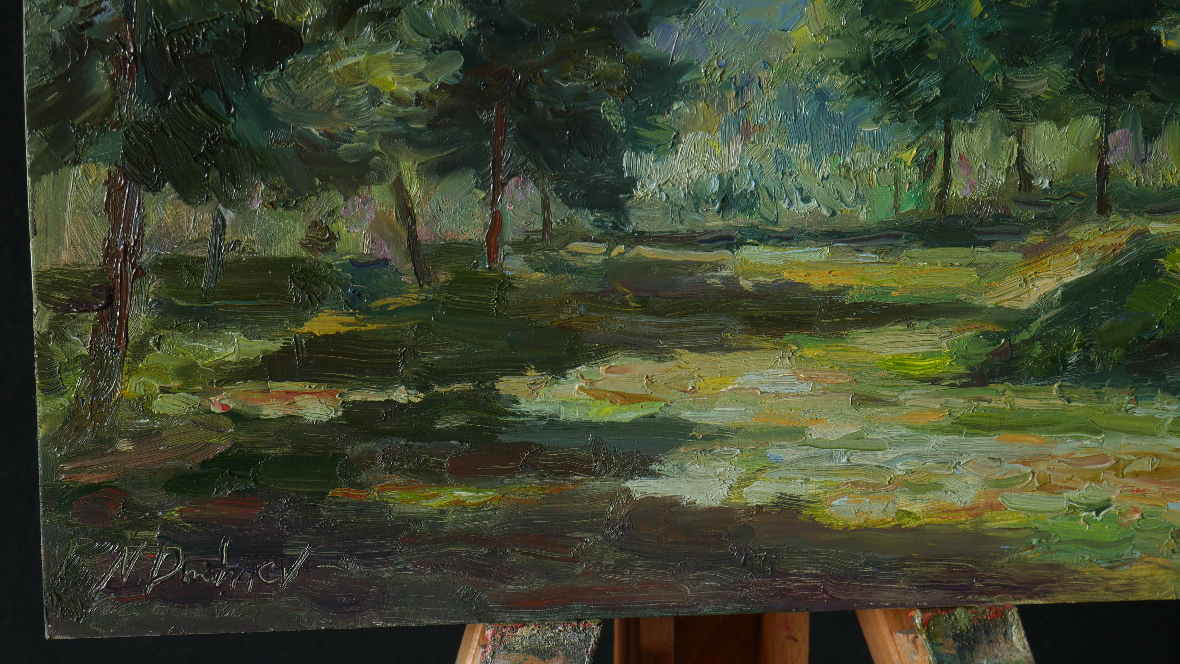 El cuadro Verano soleado con montañas es una hermosa decoración de pared, el cuadro está creado en plein air, la obra está llena de diferentes colores brillantes, combinaciones de tonos cálidos y fríos son plasmados profesionalmente por el artista.