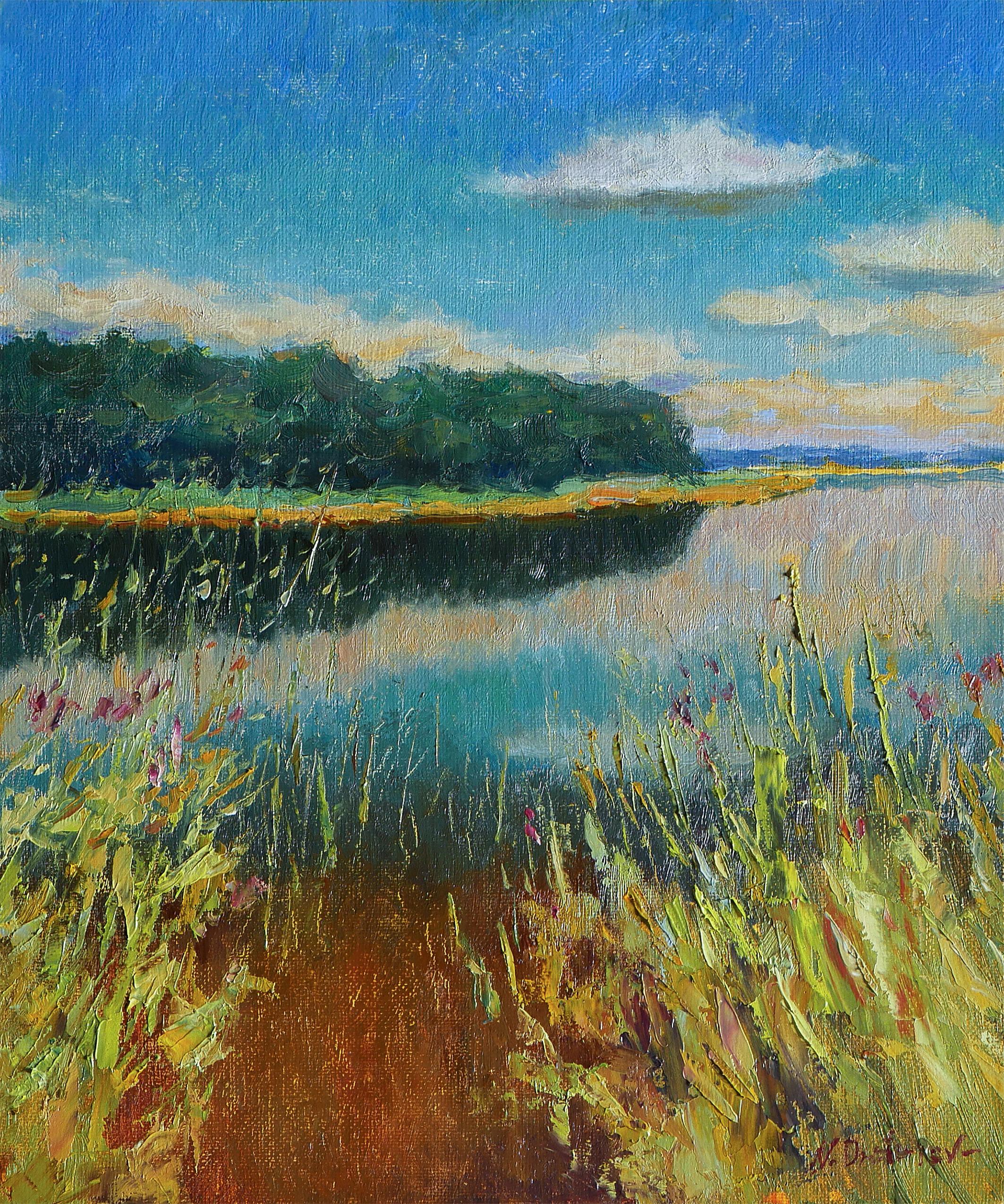 Nikolay Dmitriev Interior Painting - Near The Water - original sunny landscape, painting