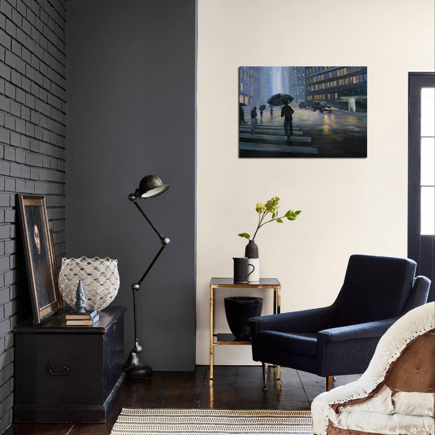 Das Gemälde mit dem verregneten Manhattan ist ein tolles und stilvolles Stadtbild - das Spiel von dunklen und hellen Farbtönen ist professionell eingefangen und macht sich gut in der Inneneinrichtung eines Büros oder in Ihrem Zuhause.

Das Bild ist