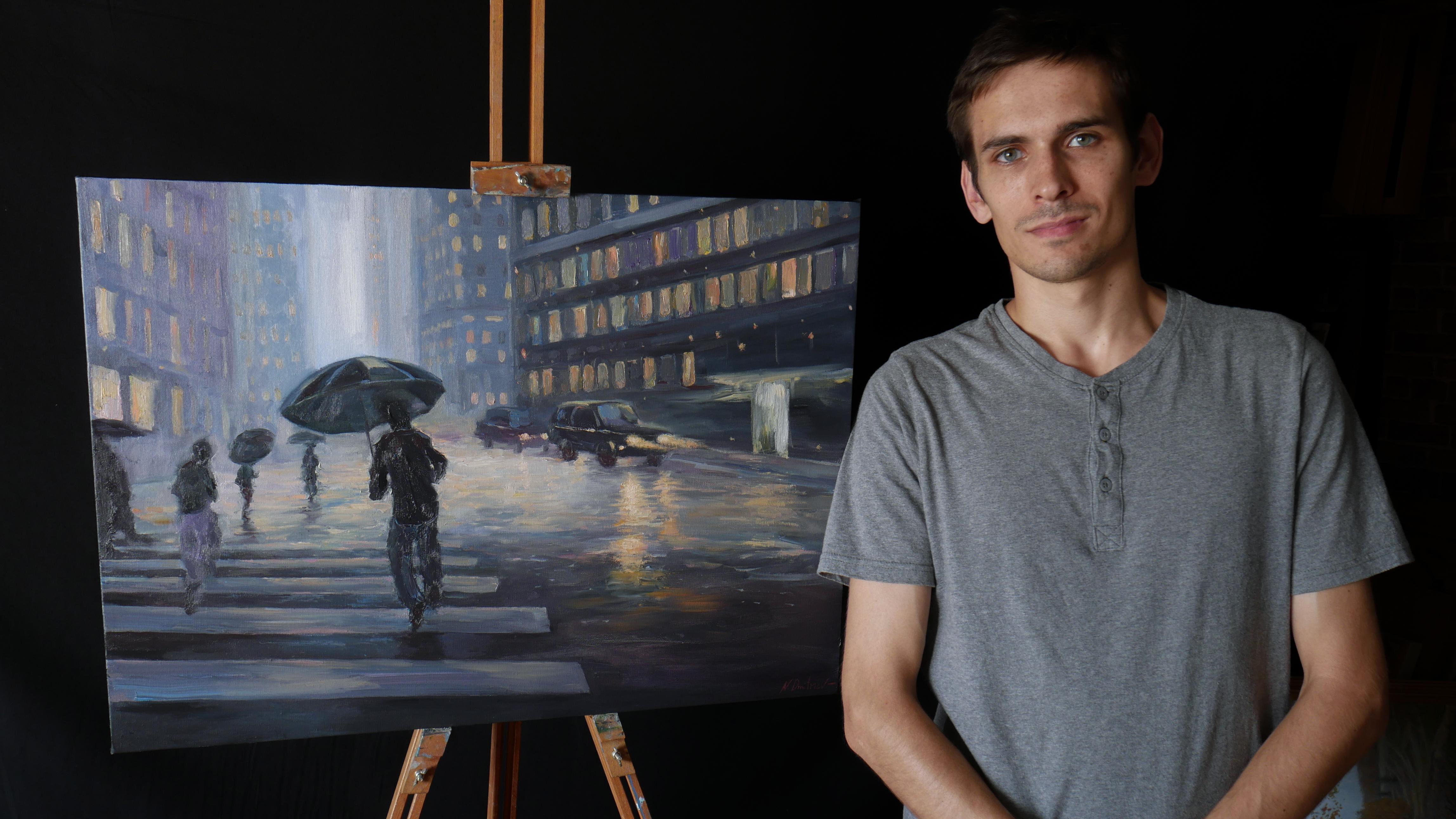 The painting with rainy Manhattan painting is a great and stylish cityscape - the play of dark and light shades is captured professionally and looks great in the interior of an office or your home.

The picture is author's and original. It's signed