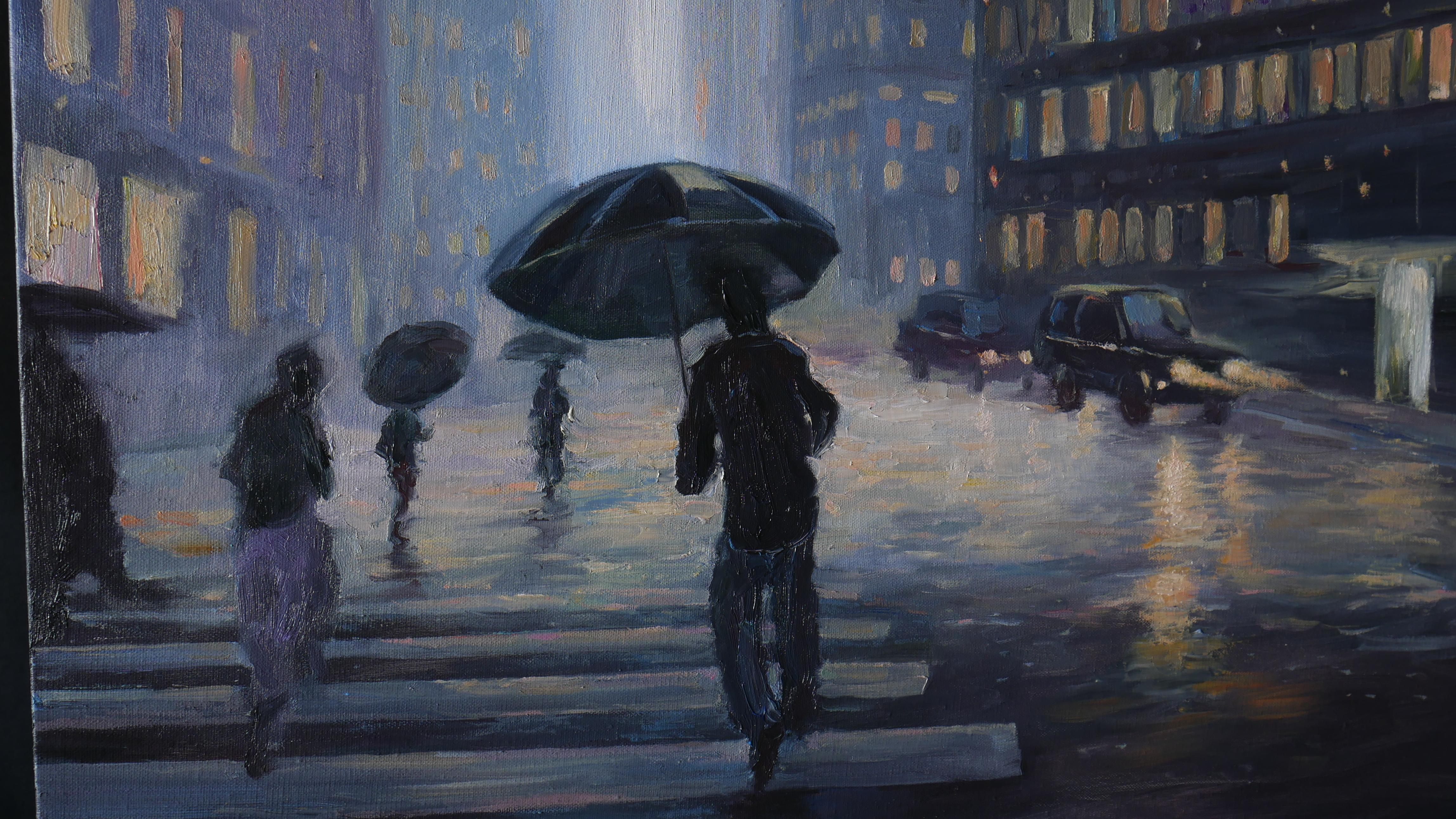 New York. Manhattan Lights In The Rain - cityscape painting For Sale 4