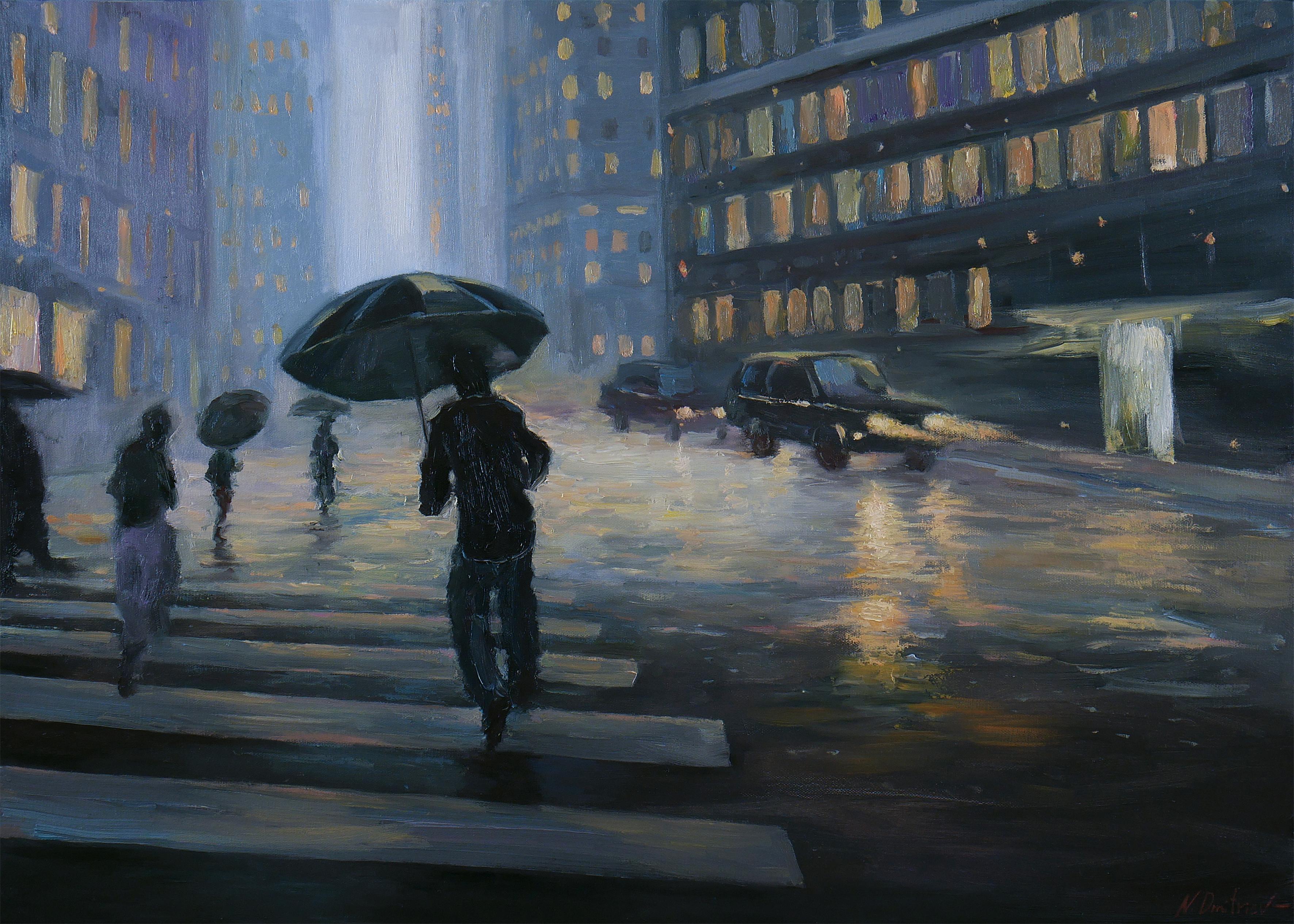 Nikolay Dmitriev Interior Painting – New York. Manhattan Lights In The Rain – Stadtlandschaftsgemälde