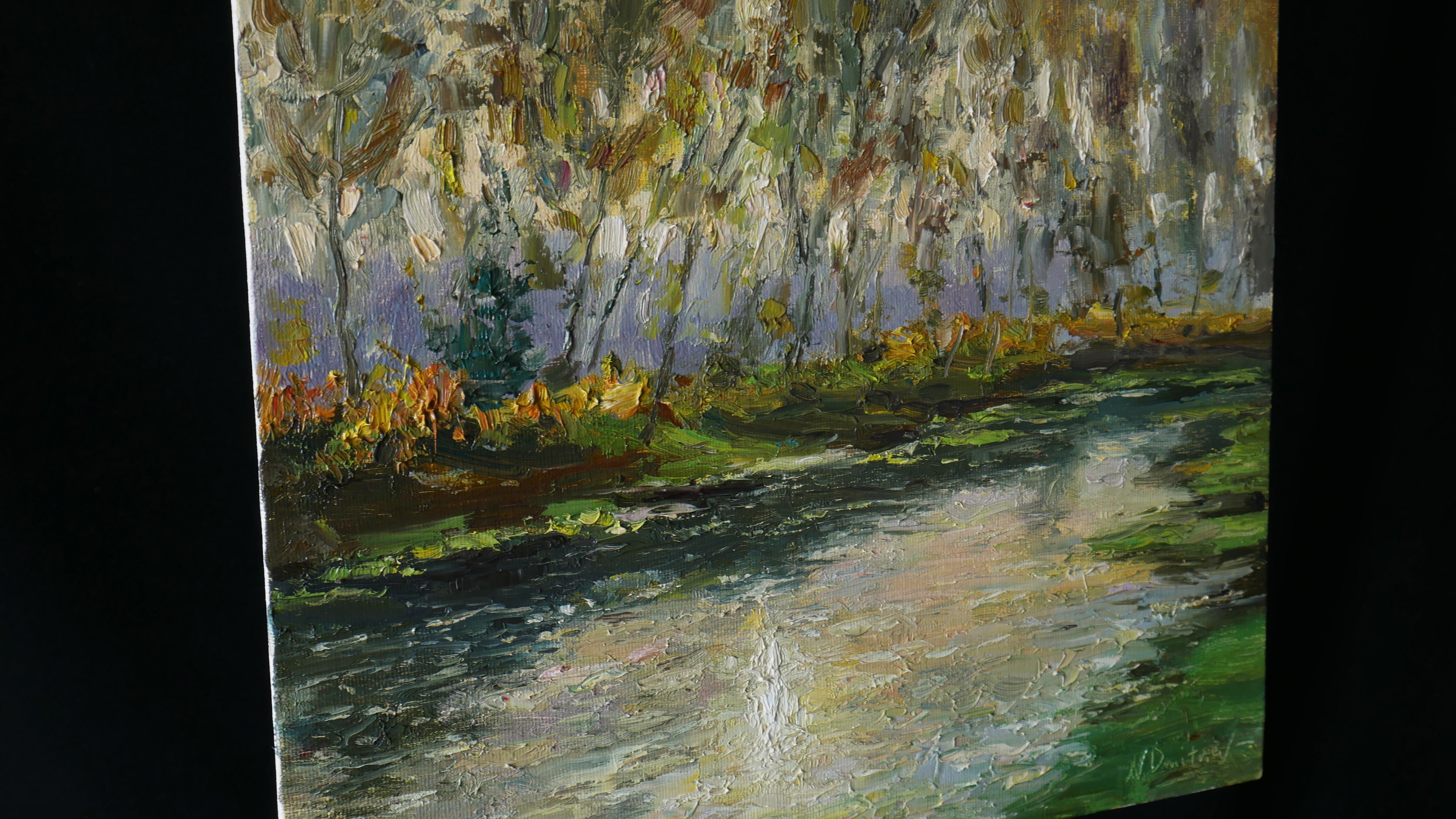The impressionist sunny painting with the river and the Sun is a beautiful wall decor, the bright painting is full of different colours, combinations of warm and cold shades are professionally captured by the artist. The artwork is created en plein
