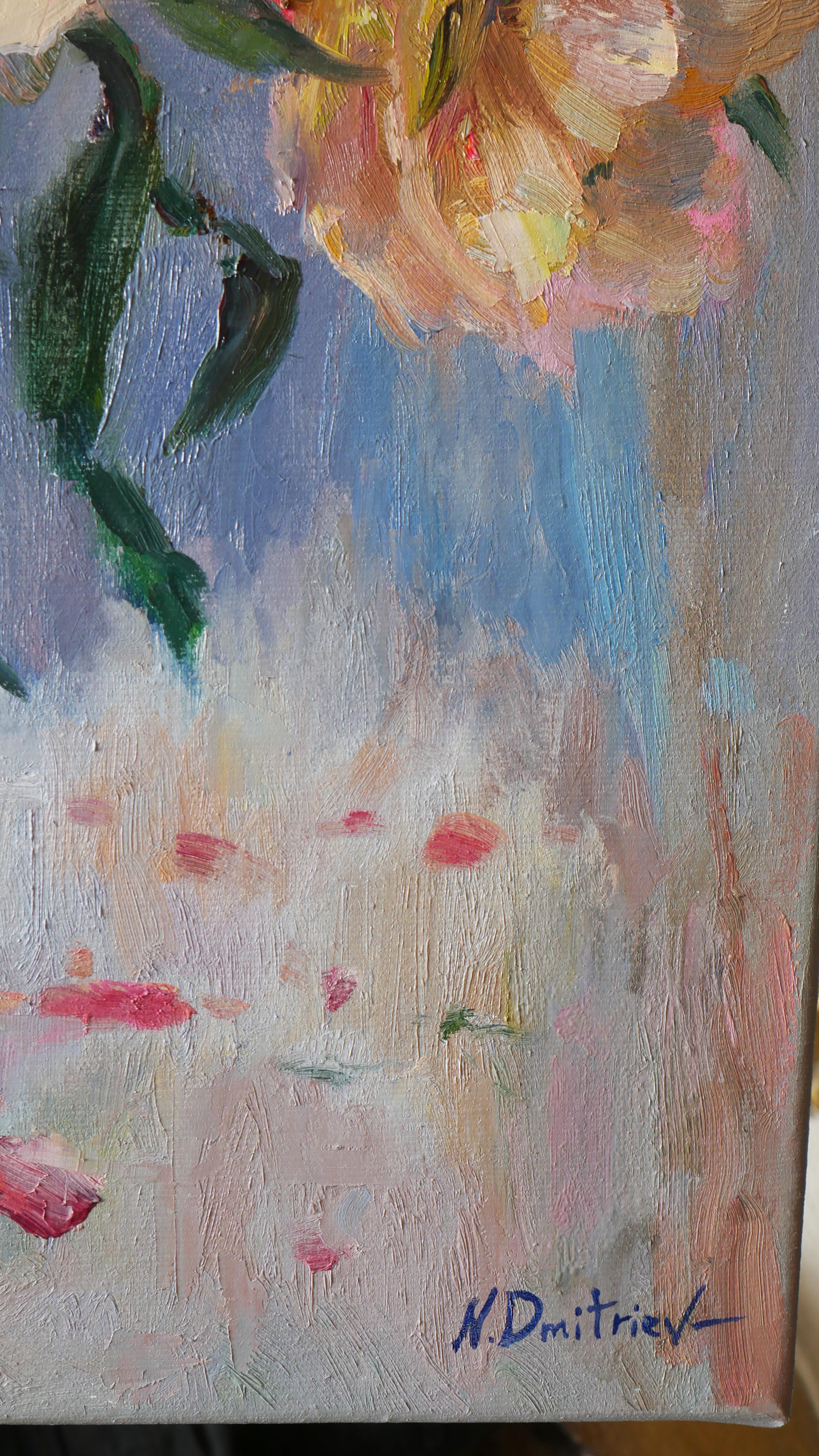 Pfingstrosen in der blauen Vase. Ölgemälde im Angebot 6