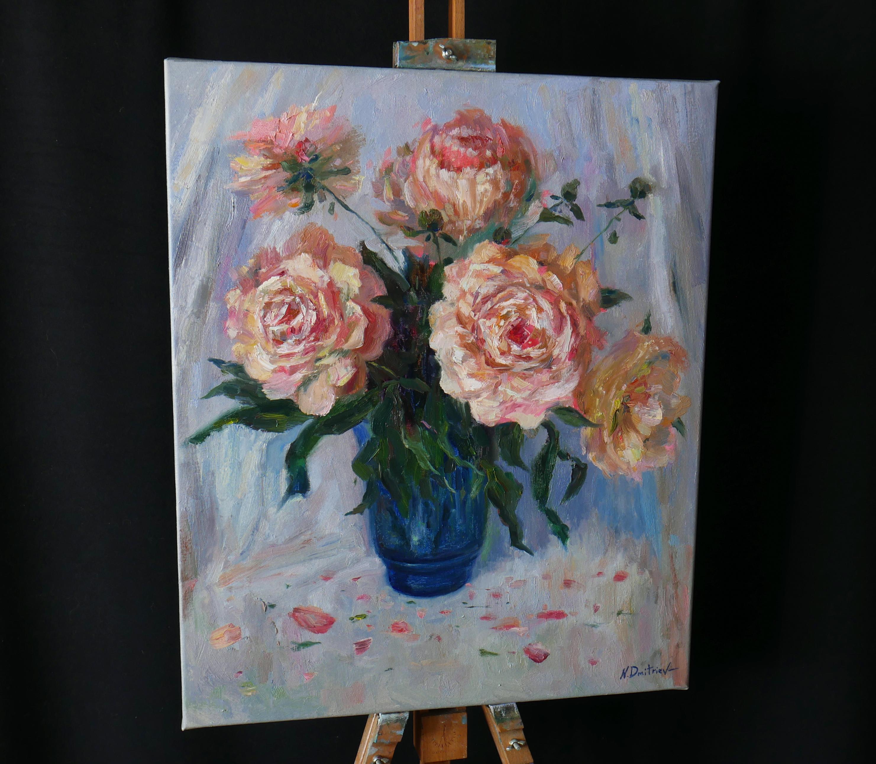 Pfingstrosen in der blauen Vase. Ölgemälde (Impressionismus), Painting, von Nikolay Dmitriev