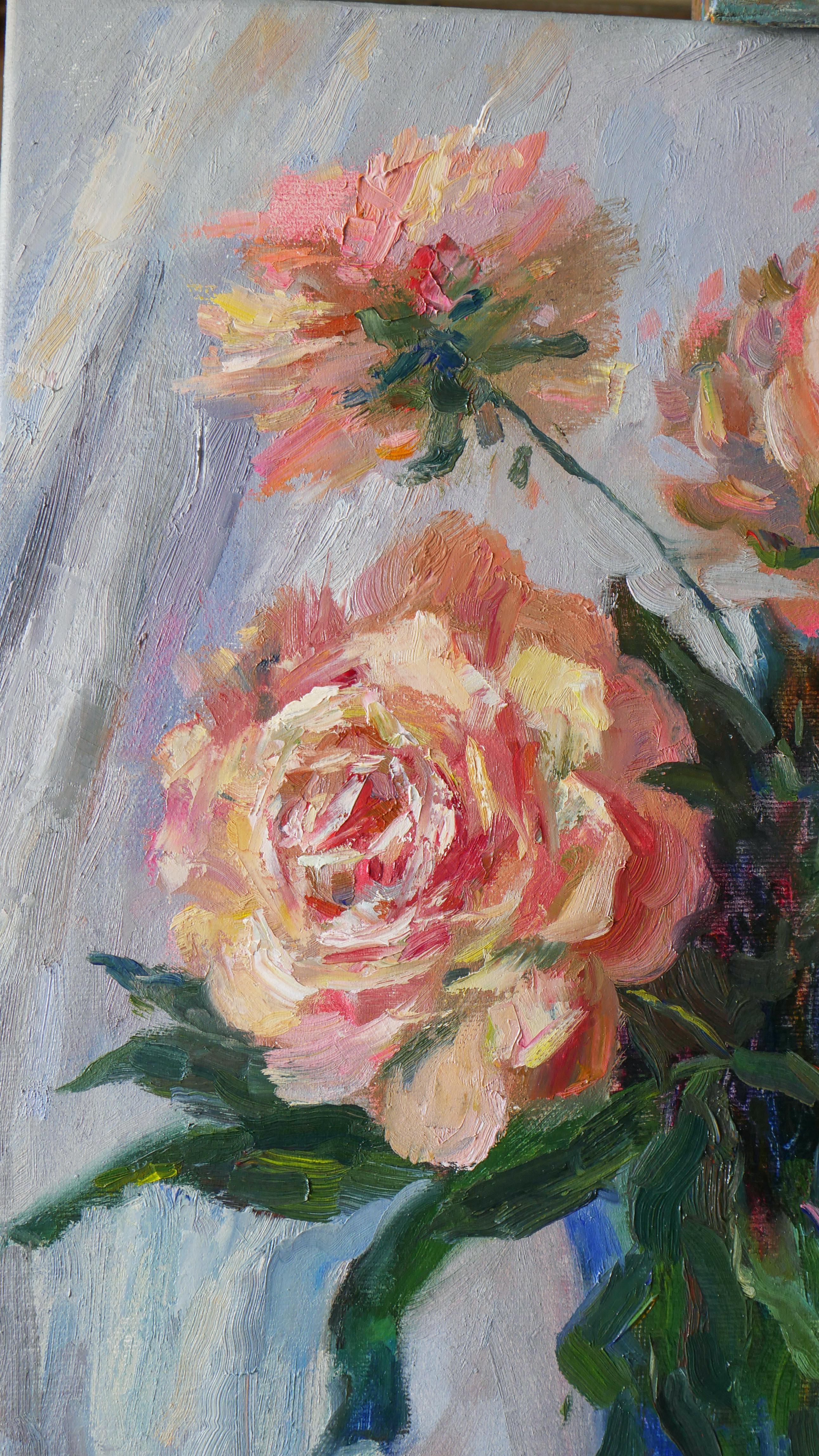 Pfingstrosen in der blauen Vase. Ölgemälde im Angebot 2
