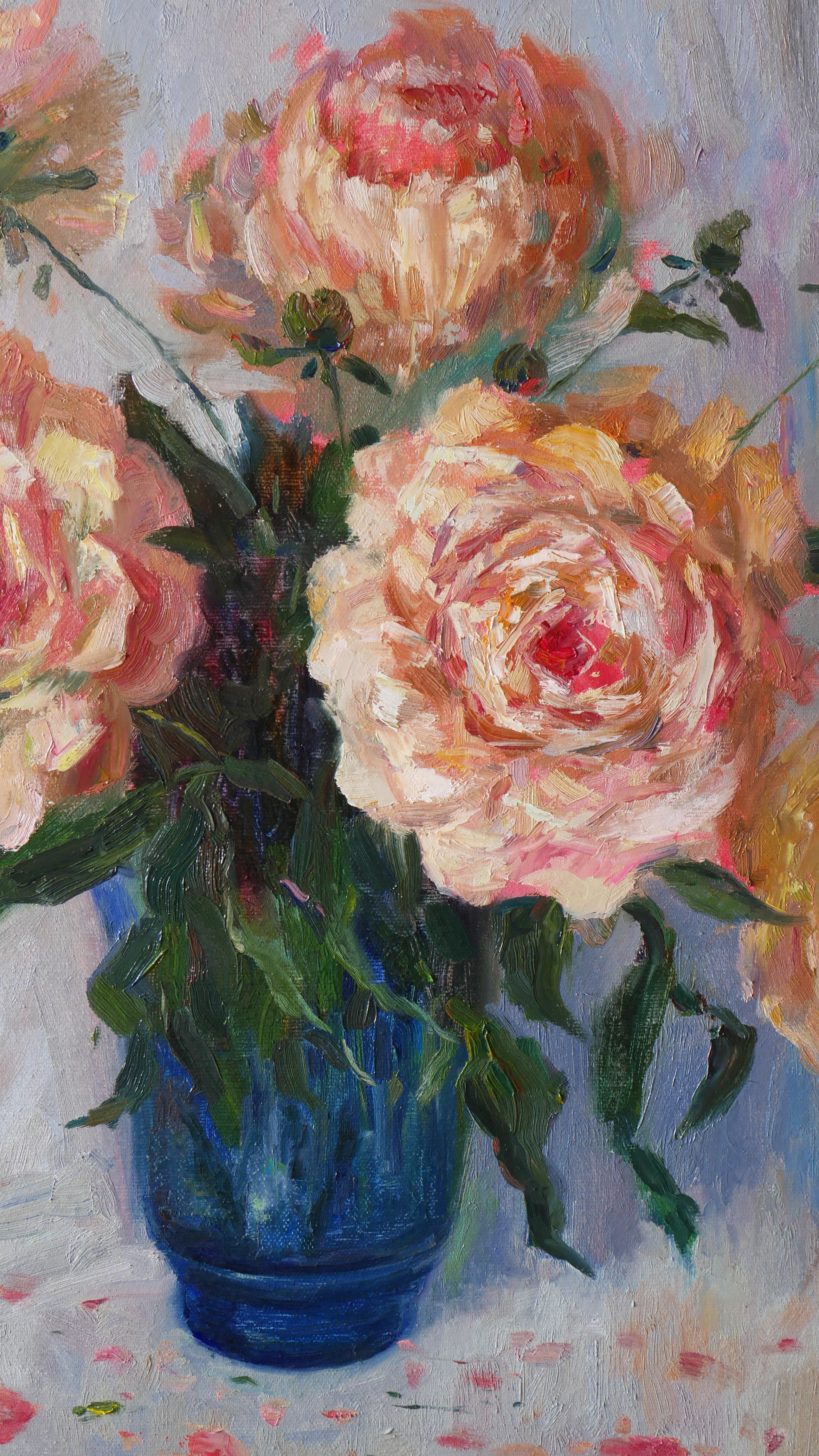 Pfingstrosen in der blauen Vase. Ölgemälde im Angebot 3