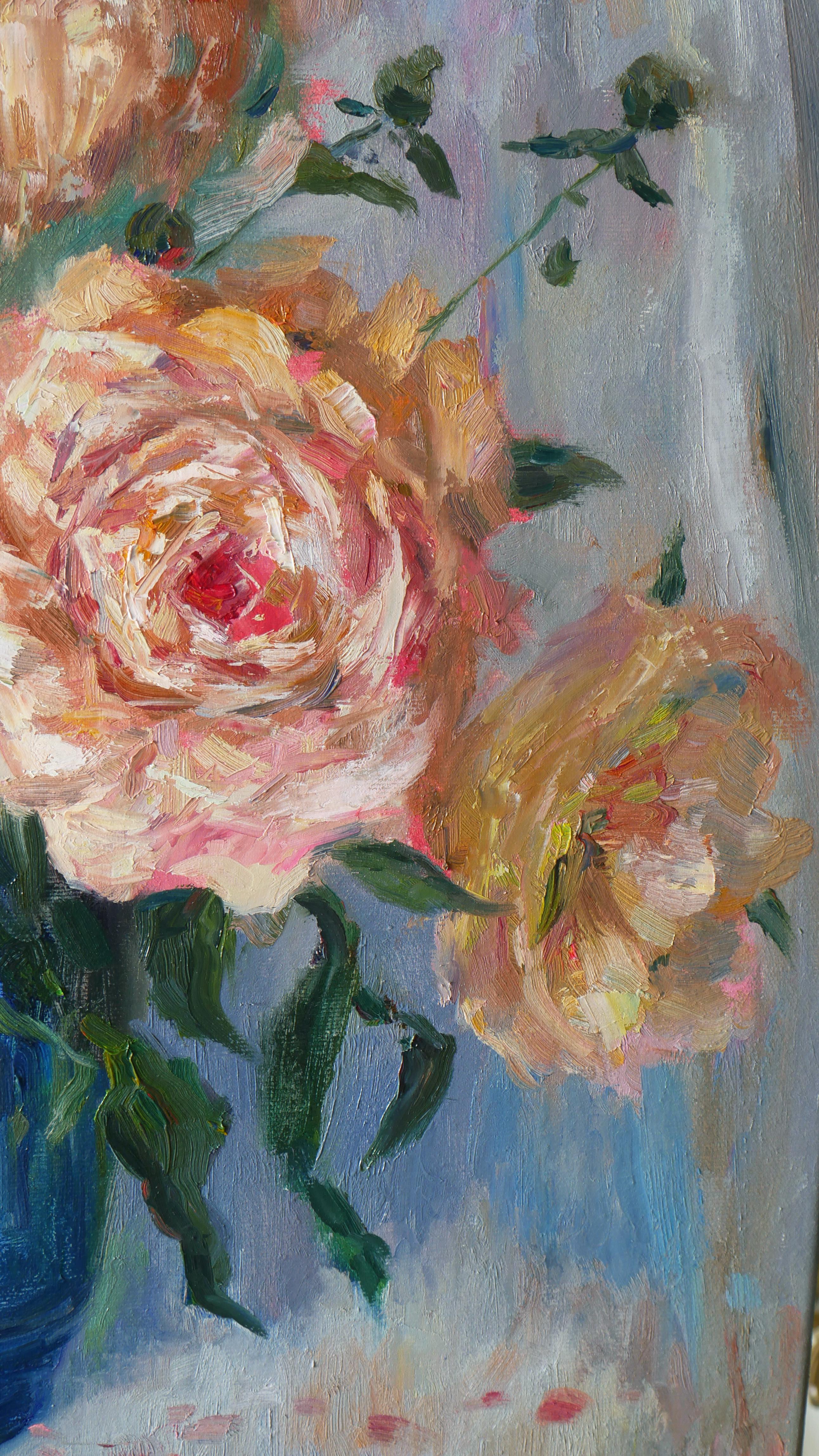 Pfingstrosen in der blauen Vase. Ölgemälde im Angebot 4