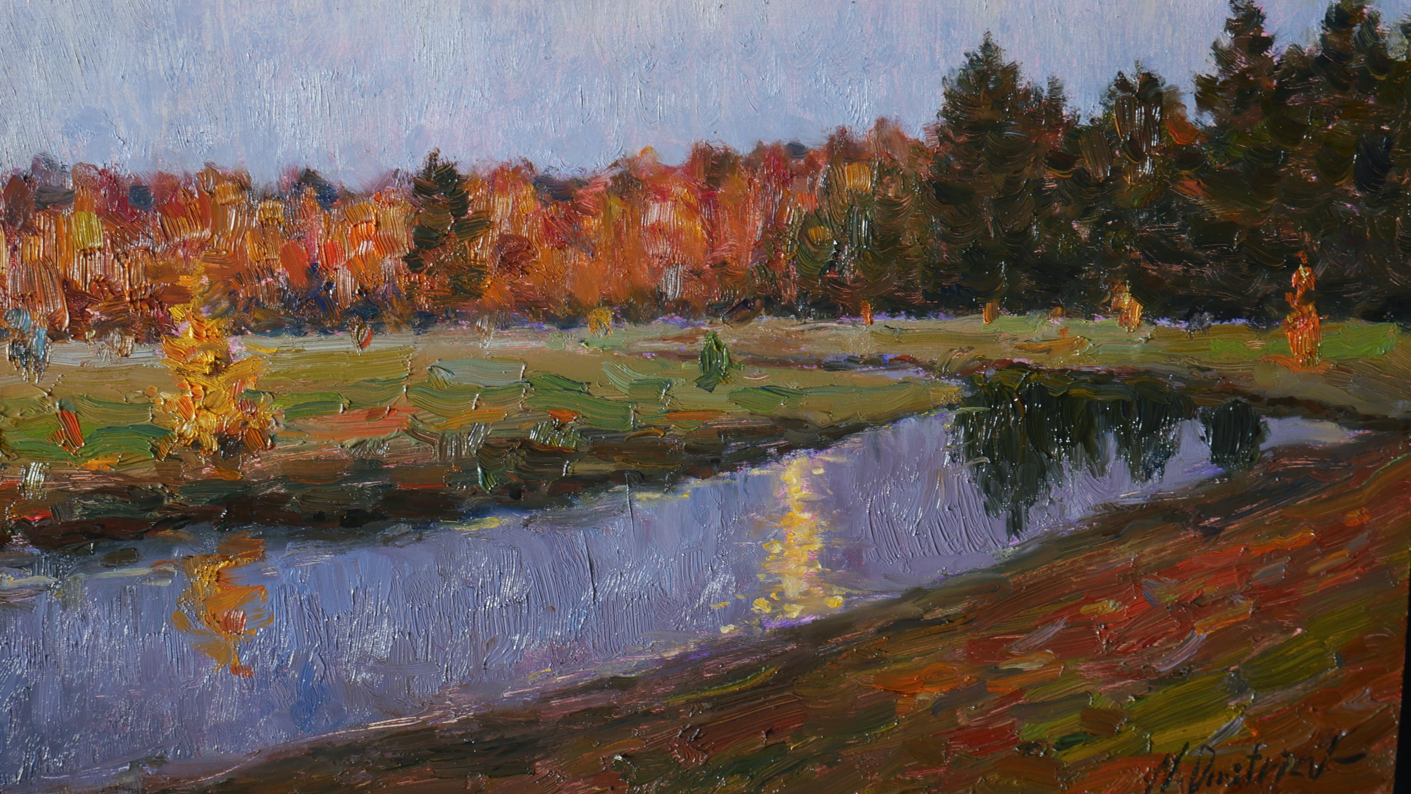 El cuadro Otoño nocturno con un río tranquilo, el bosque y la Luna es una hermosa decoración de pared, el cuadro está creado en plein air, la obra está llena de diferentes colores tranquilos, combinaciones de tonos cálidos y fríos son capturados