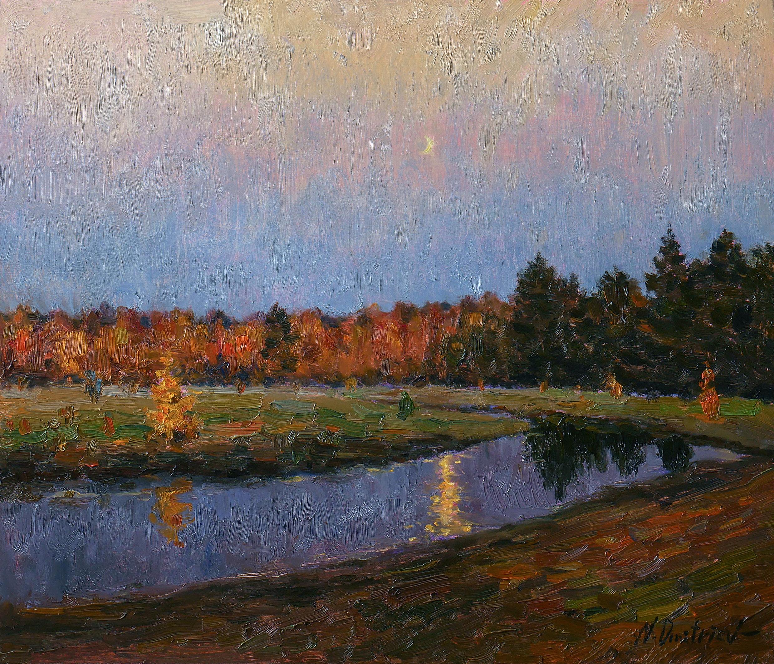 Nikolay Dmitriev Interior Painting - Purple Evening - evening landscape painting