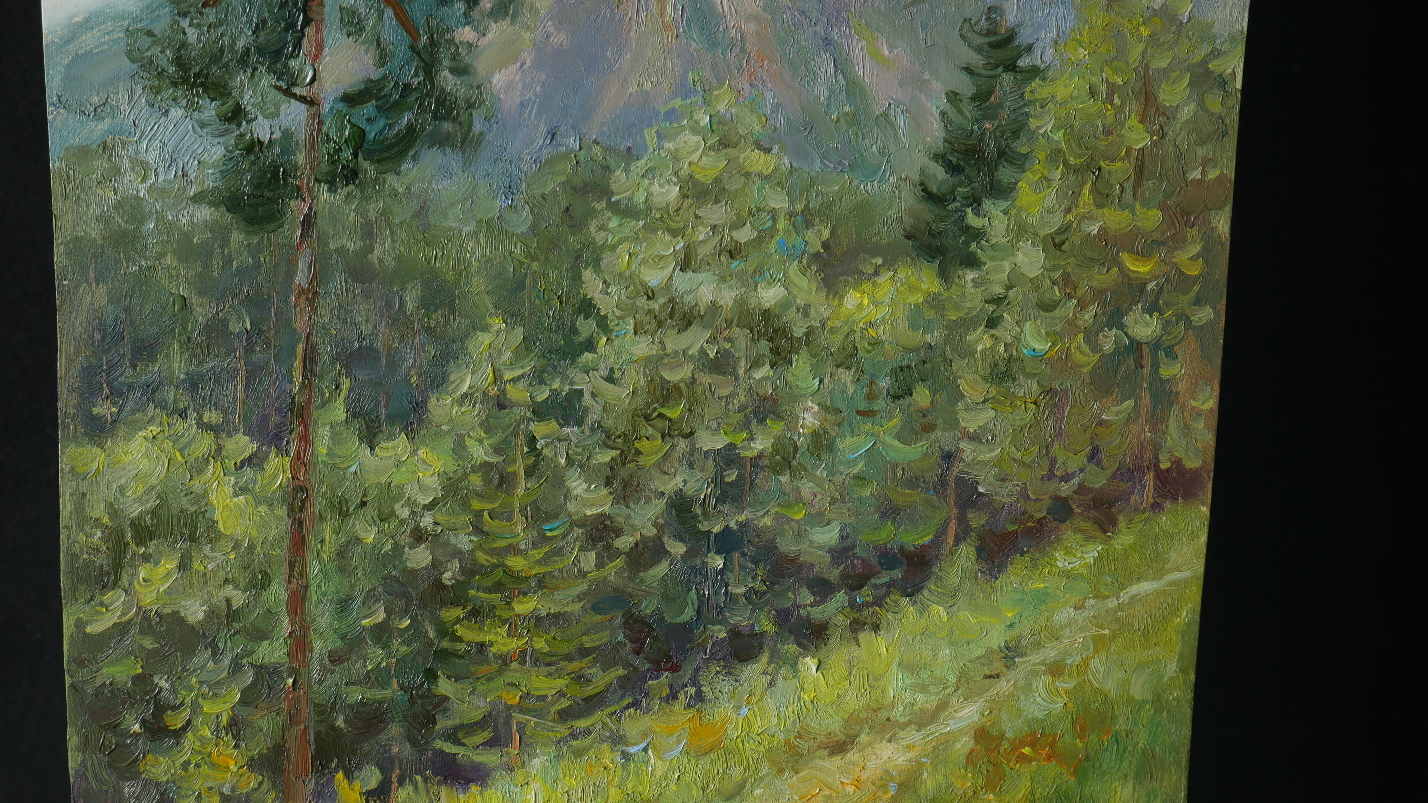 The forest painting with the mountains is a wonderful wall decor, the painting is created en plein air, the artwork is full of different green colours. The lively painting is a remarkable purchase for your collection.

The picture is author's and