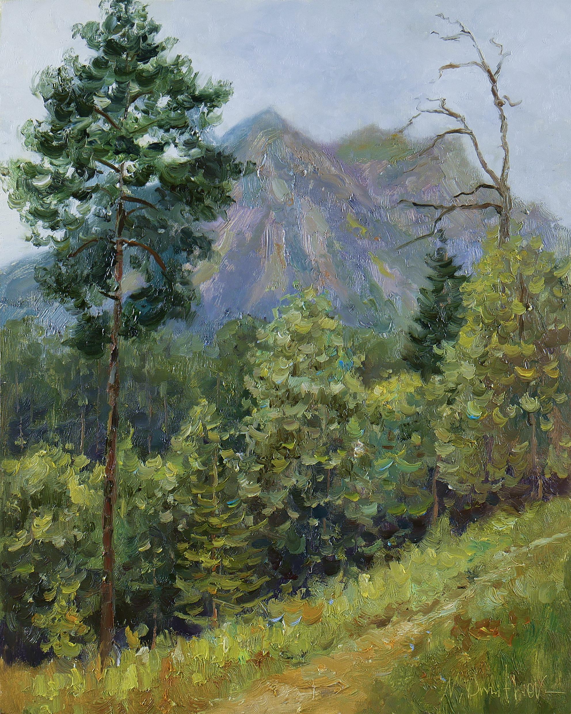 Nikolay Dmitriev Landscape Painting - Rain In The Mountains - mountains landscape painting