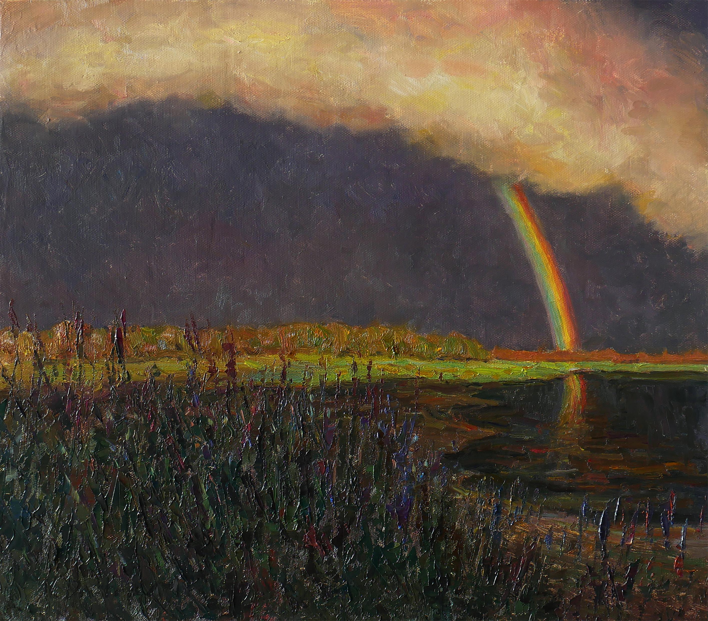 Nikolay Dmitriev Landscape Painting - Rainbow. After Rain - original landscape painting