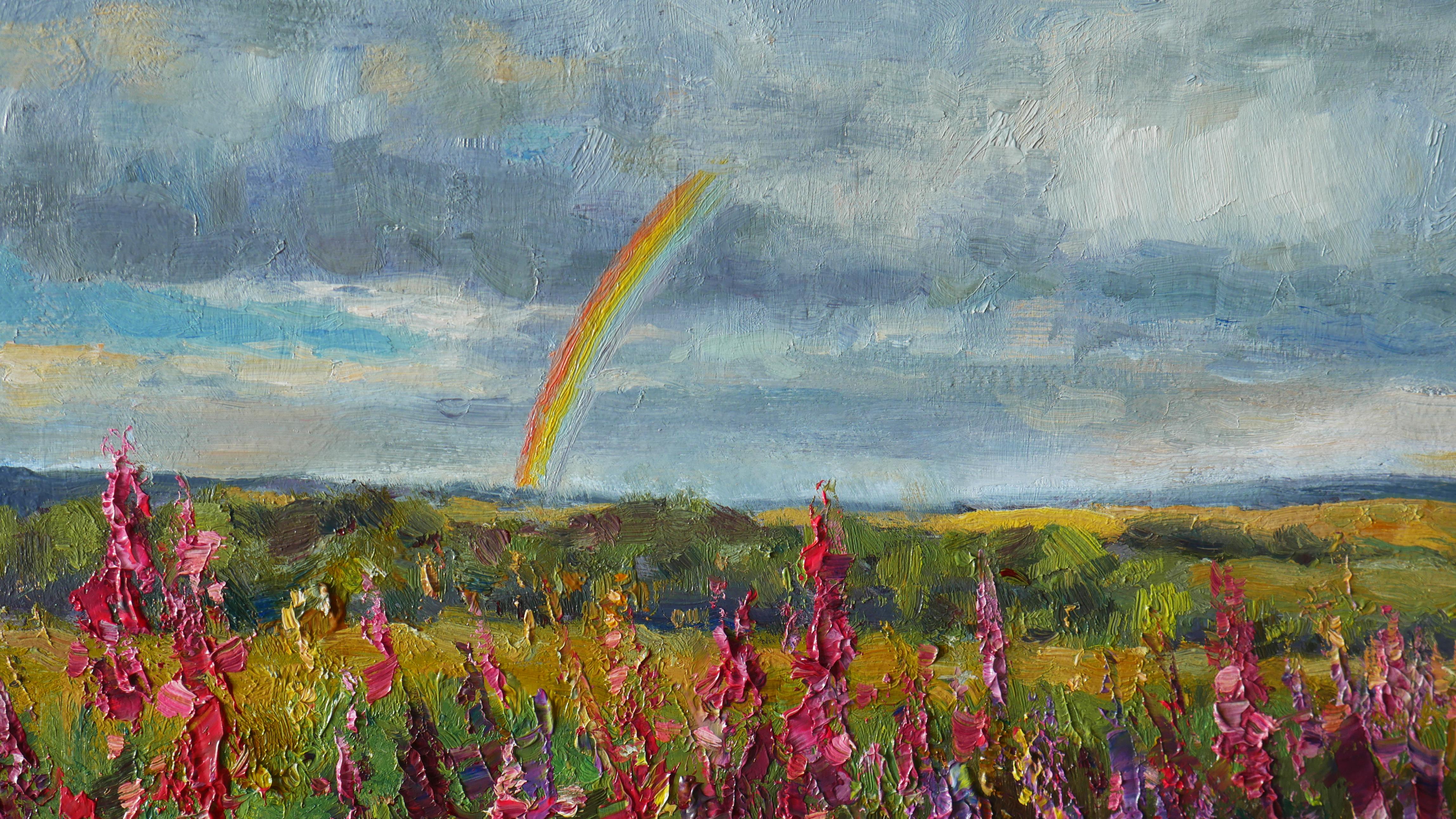 Arco iris sobre campos soleados - Landscape Painting Gris de Nikolay Dmitriev