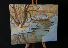 Rays of the setting Sun over the river - sunset landscape painting