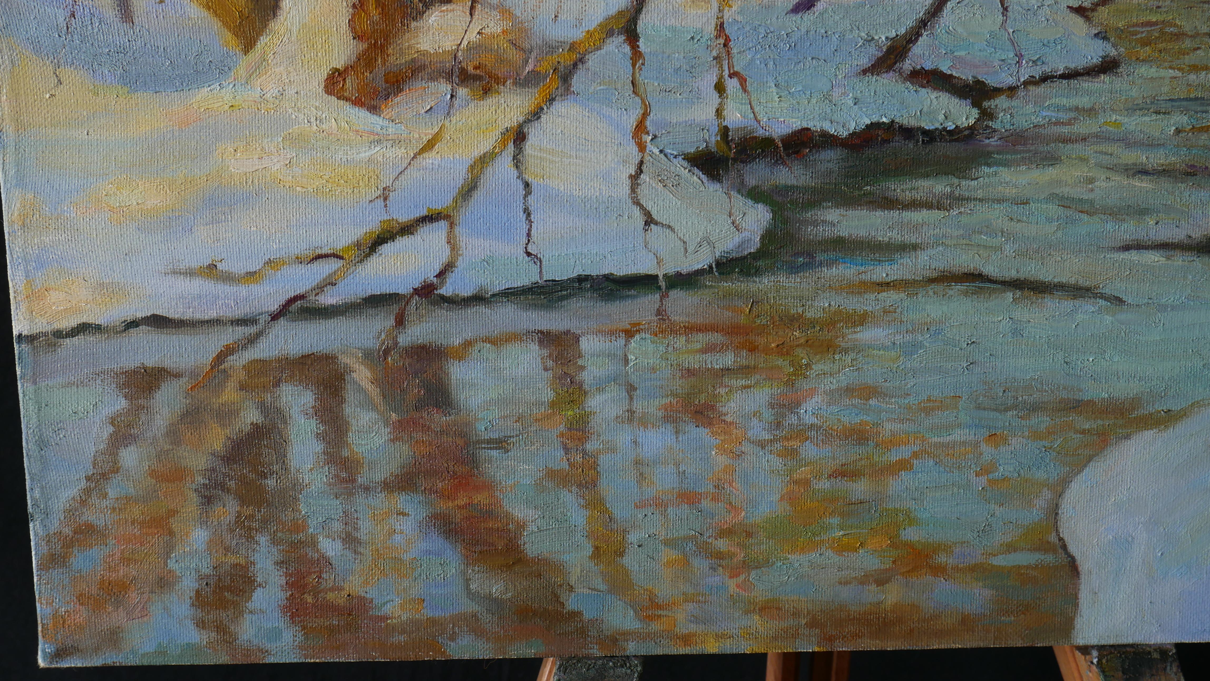 Rays of the setting Sun over the river - sunset landscape painting For Sale 4